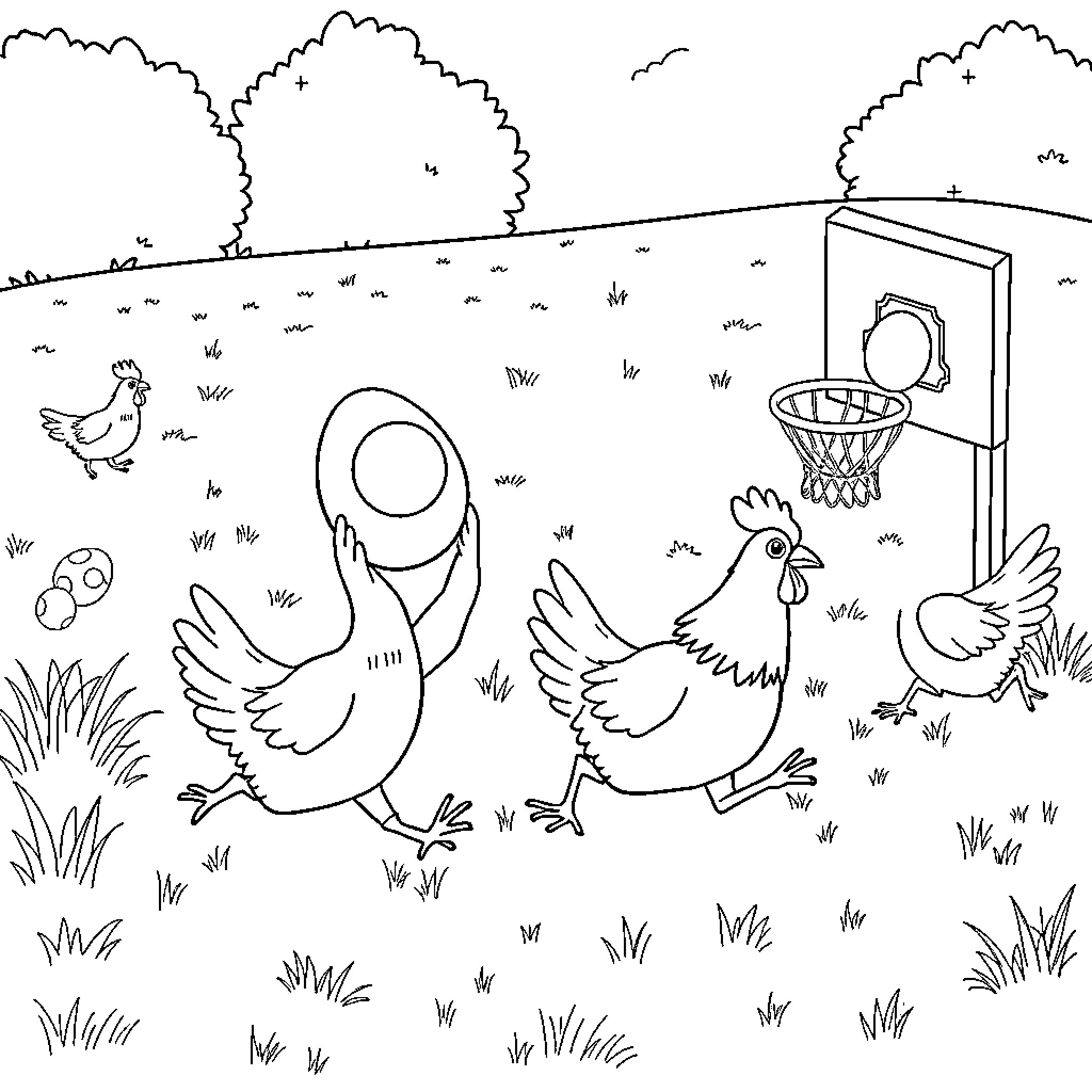Chickens playing basketball on a farm Coloring Page (free black-and-white line drawing printable PDF for all, from beginners to advanced learners, including children, teens, adults, and seniors)