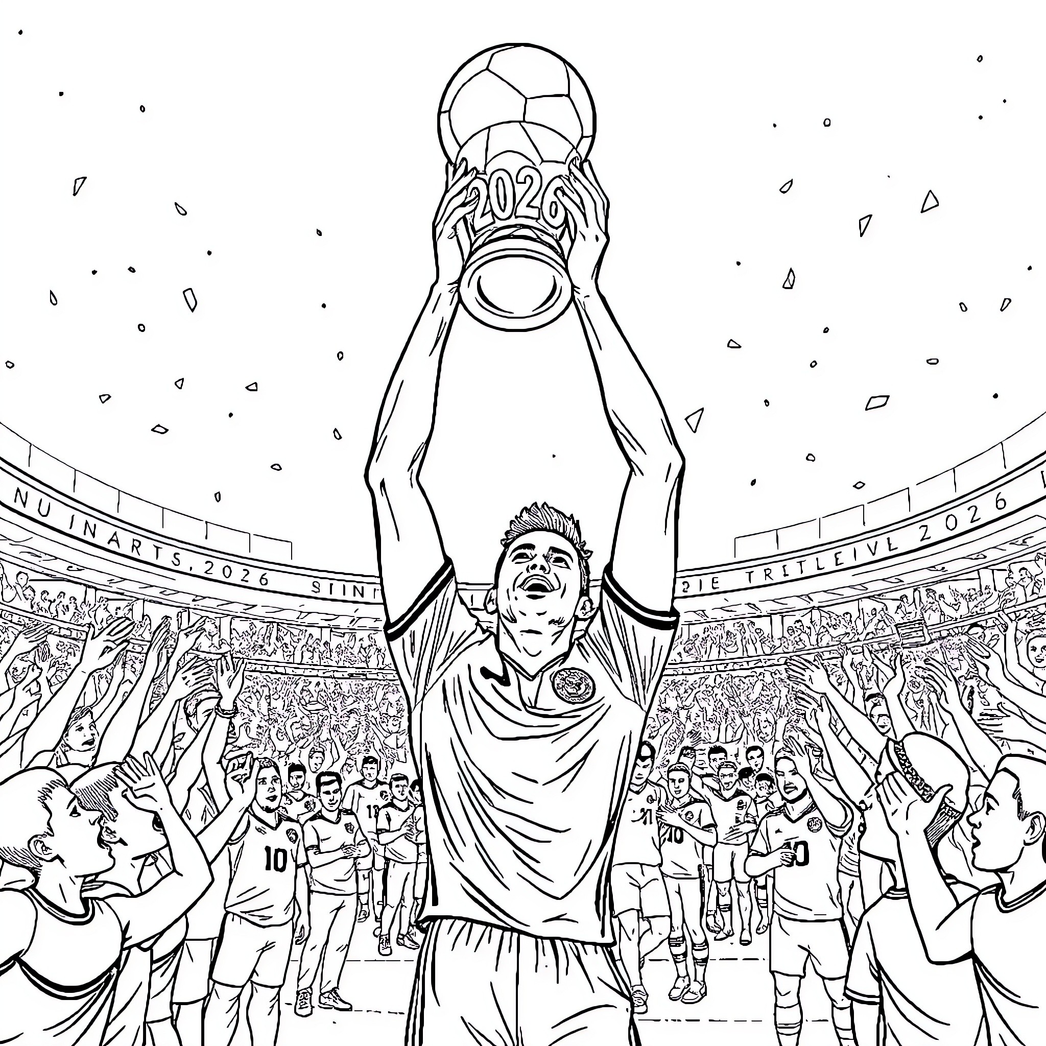 Cristiano Ronaldo Celebrating Victory with UEFA Trophy Coloring Page (free black-and-white line drawing printable PDF for all, from beginners to advanced learners, including children, teens, adults, and seniors)