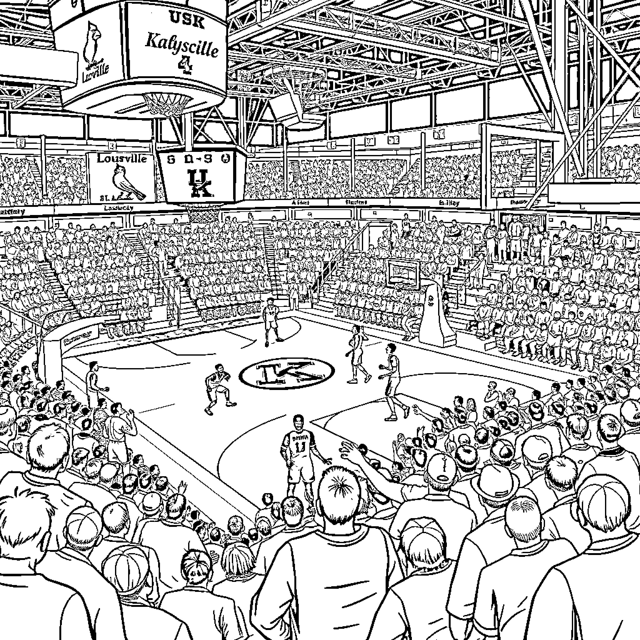 University Basketball Game with Spectators Coloring Page (free black-and-white line drawing printable PDF for all, from beginners to advanced learners, including children, teens, adults, and seniors)