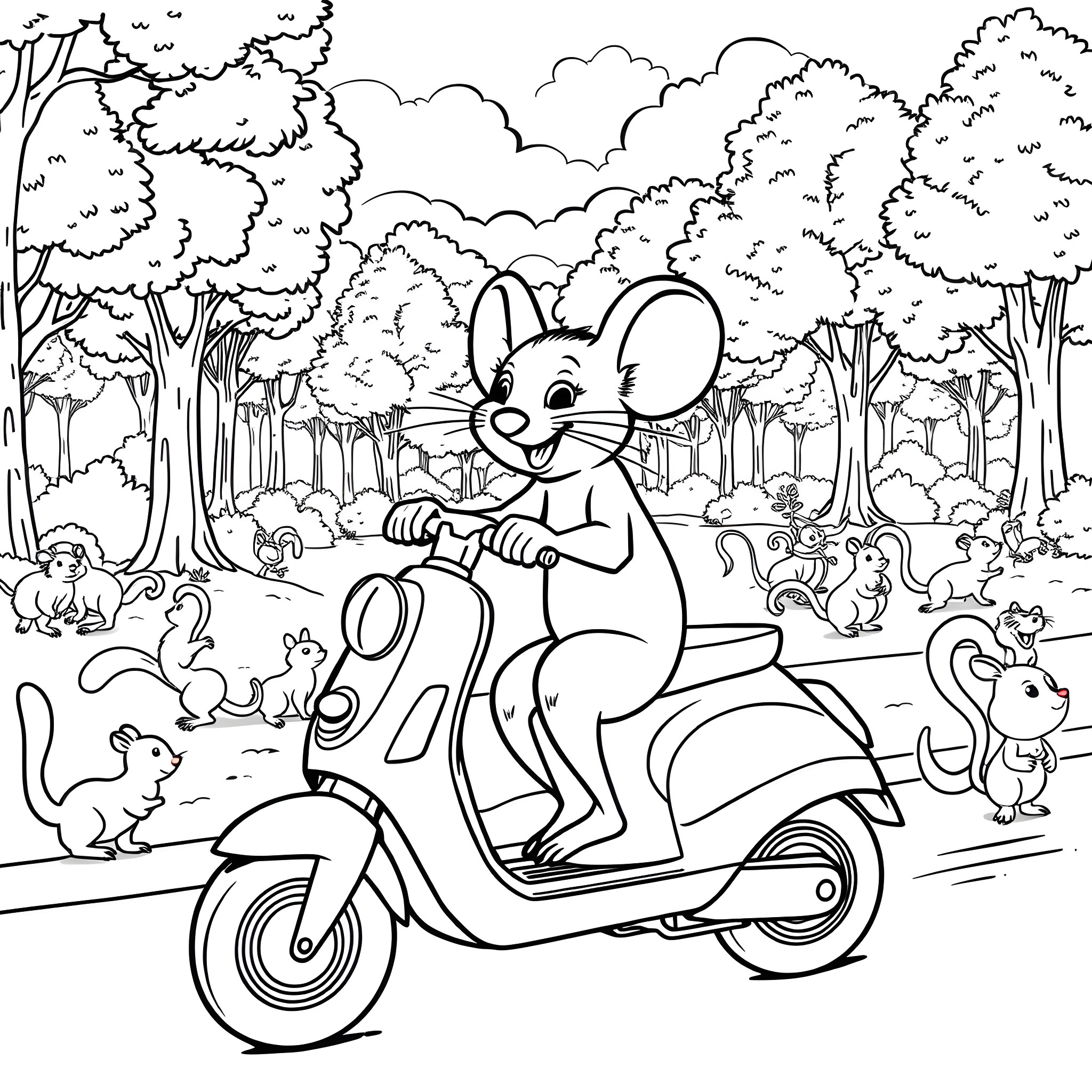 Mouse riding a scooter in the forest Coloring Page (free black-and-white line drawing printable PDF for all, from beginners to advanced learners, including children, teens, adults, and seniors)