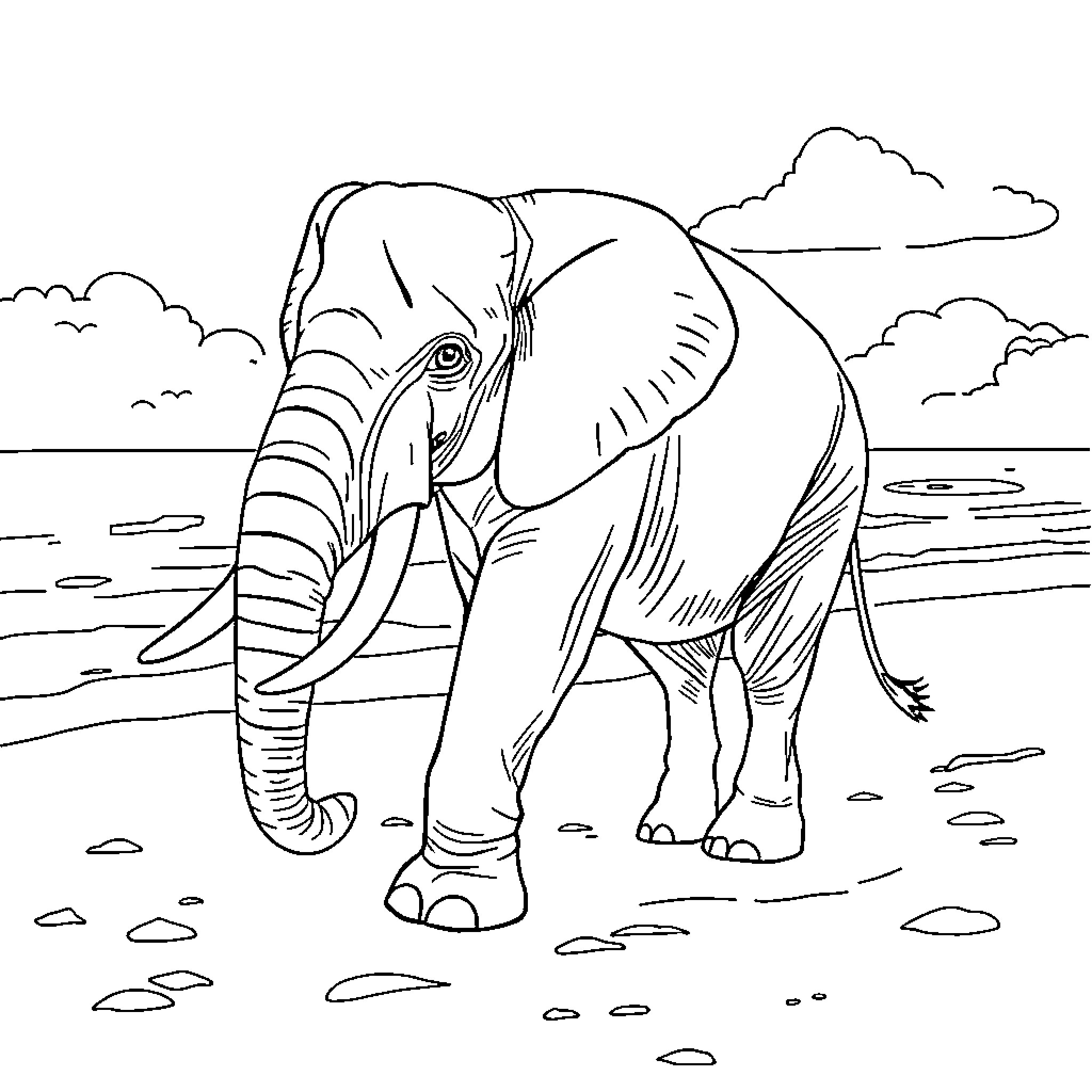 Elephant standing tall in a natural setting Coloring Page (free black-and-white line drawing printable PDF for all, from beginners to advanced learners, including children, teens, adults, and seniors)