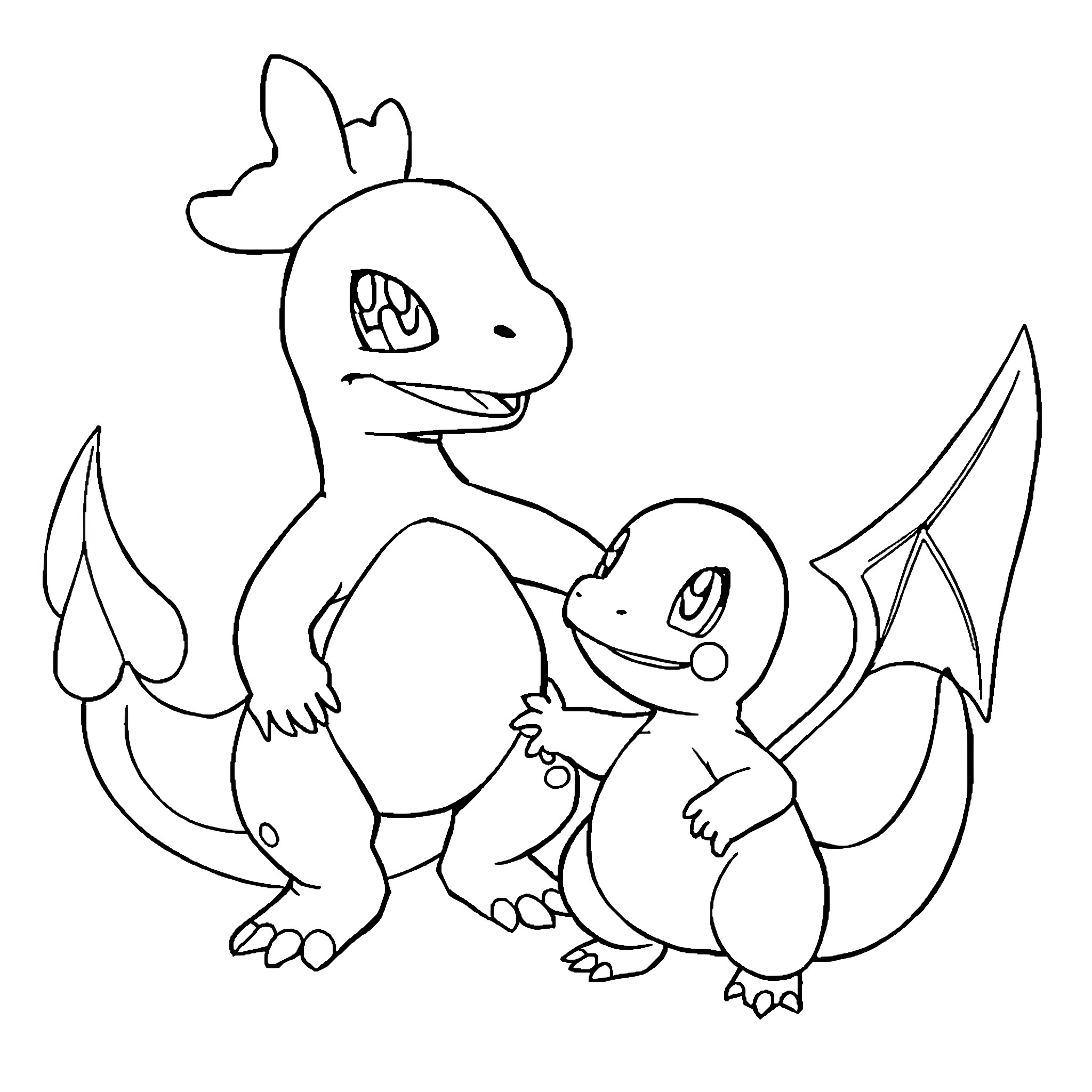 Charmander and Charmander friends playing together Coloring Page (free black-and-white line drawing printable PDF for all, from beginners to advanced learners, including children, teens, adults, and seniors)