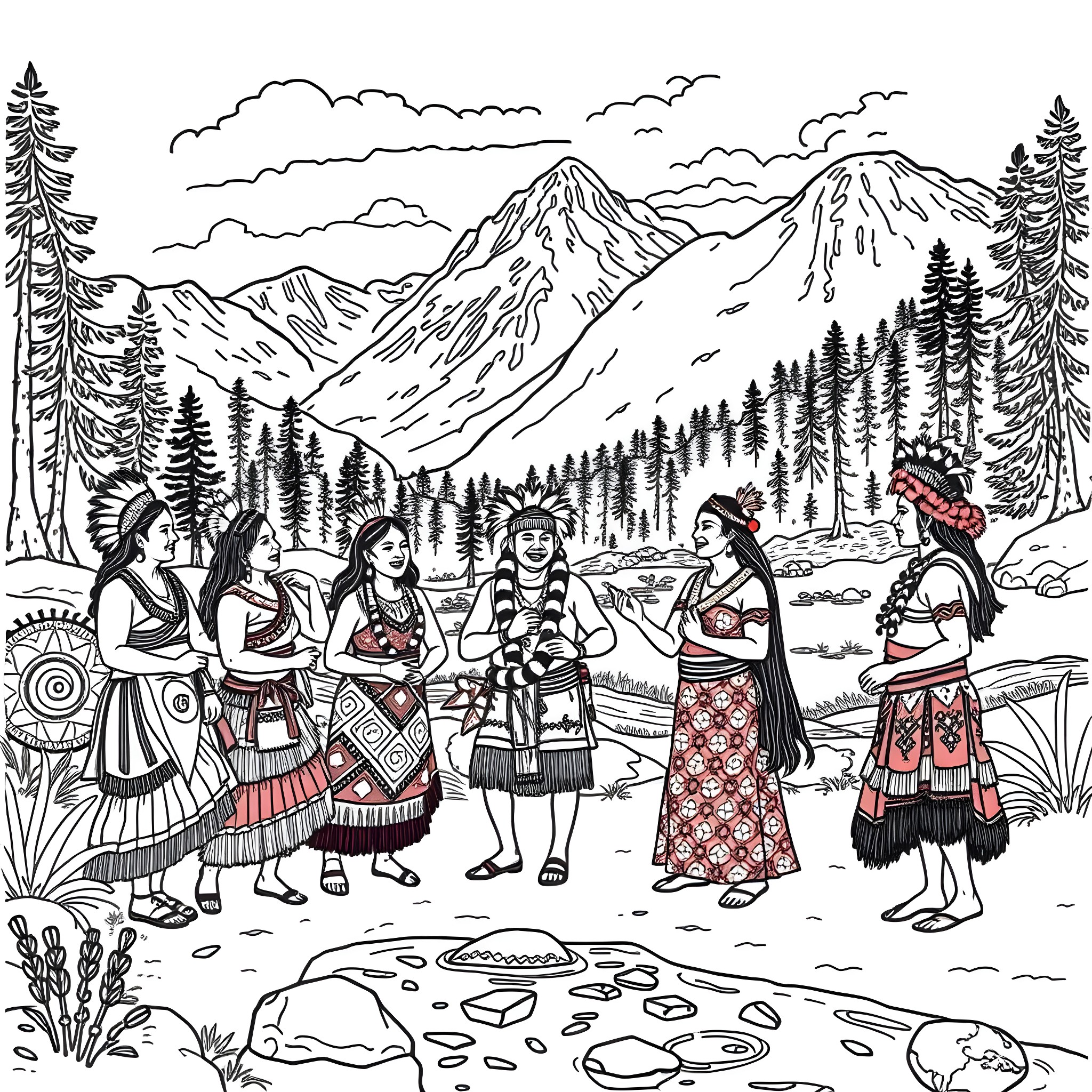 Pacific Islander community gathering in scenic mountain landscape Coloring Page (free black-and-white line drawing printable PDF for all, from beginners to advanced learners, including children, teens, adults, and seniors)
