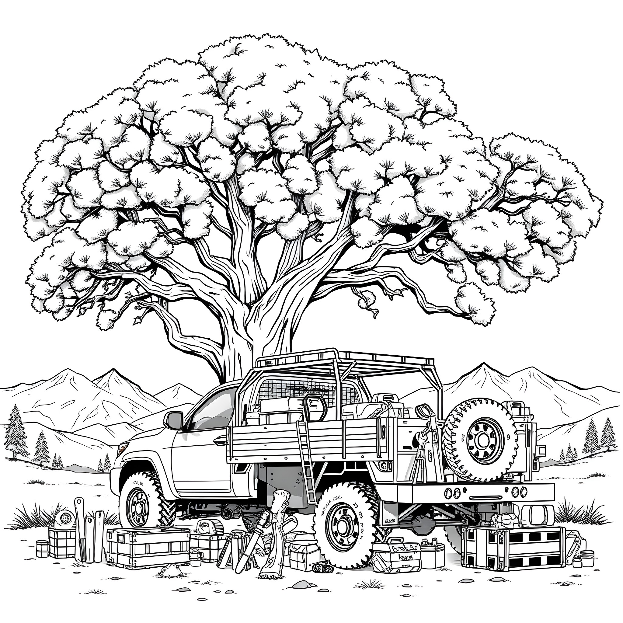 Pickup truck exploring nature under big tree Coloring Page (free black-and-white line drawing printable PDF for all, from beginners to advanced learners, including children, teens, adults, and seniors)