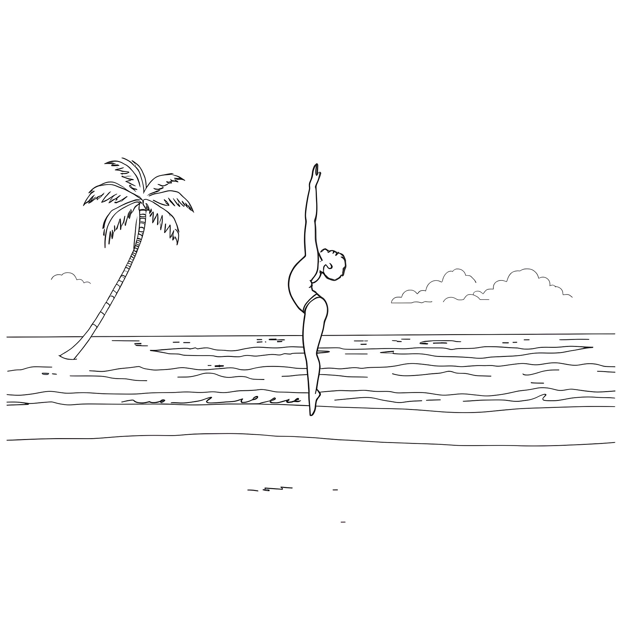 Gymnast performing stretch by the beach Coloring Page (free black-and-white line drawing printable PDF for all, from beginners to advanced learners, including children, teens, adults, and seniors)