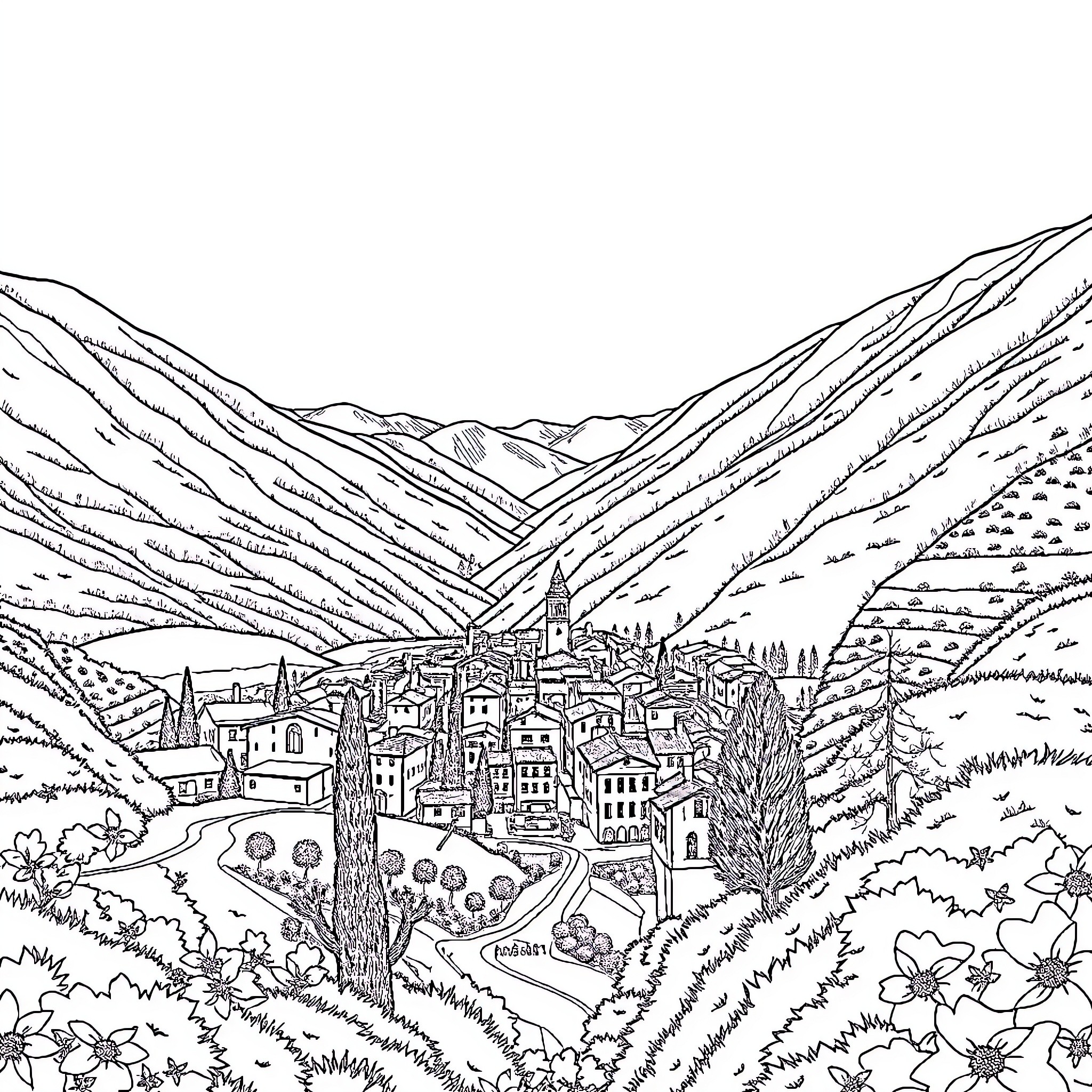 Tornado over a scenic mountain village Coloring Page (free black-and-white line drawing printable PDF for all, from beginners to advanced learners, including children, teens, adults, and seniors)