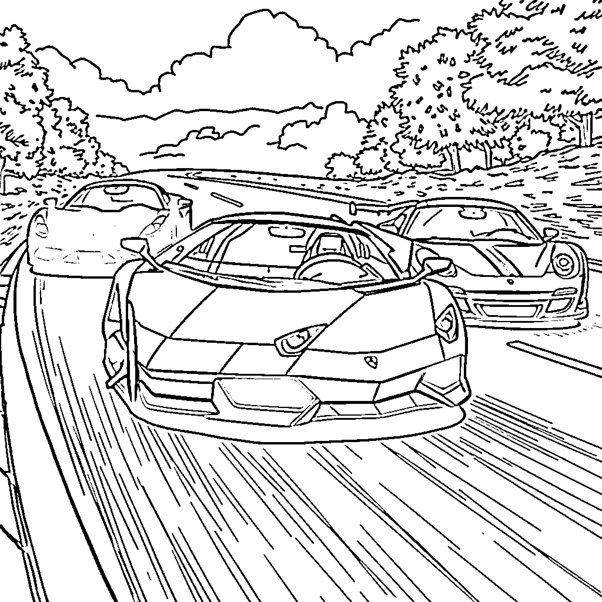 Lamborghini supercars racing through the countryside Coloring Page (free black-and-white line drawing printable PDF for all, from beginners to advanced learners, including children, teens, adults, and seniors)