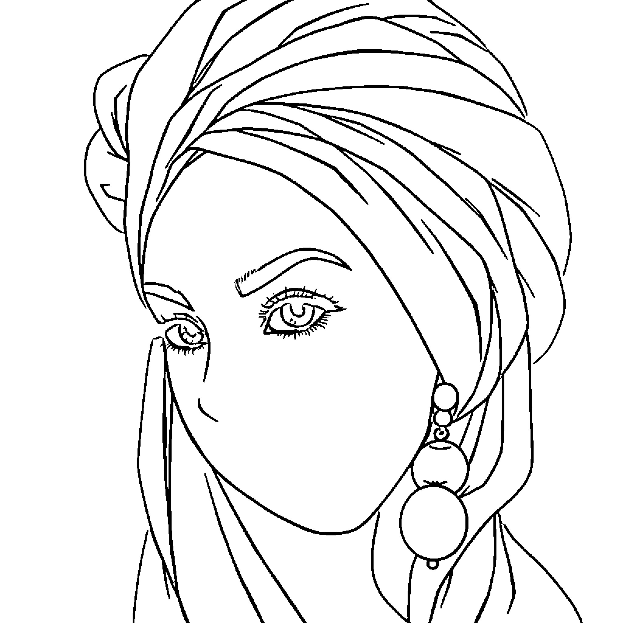 Girl in Elegant Headpiece Coloring Page (free black-and-white line drawing printable PDF for all, from beginners to advanced learners, including children, teens, adults, and seniors)