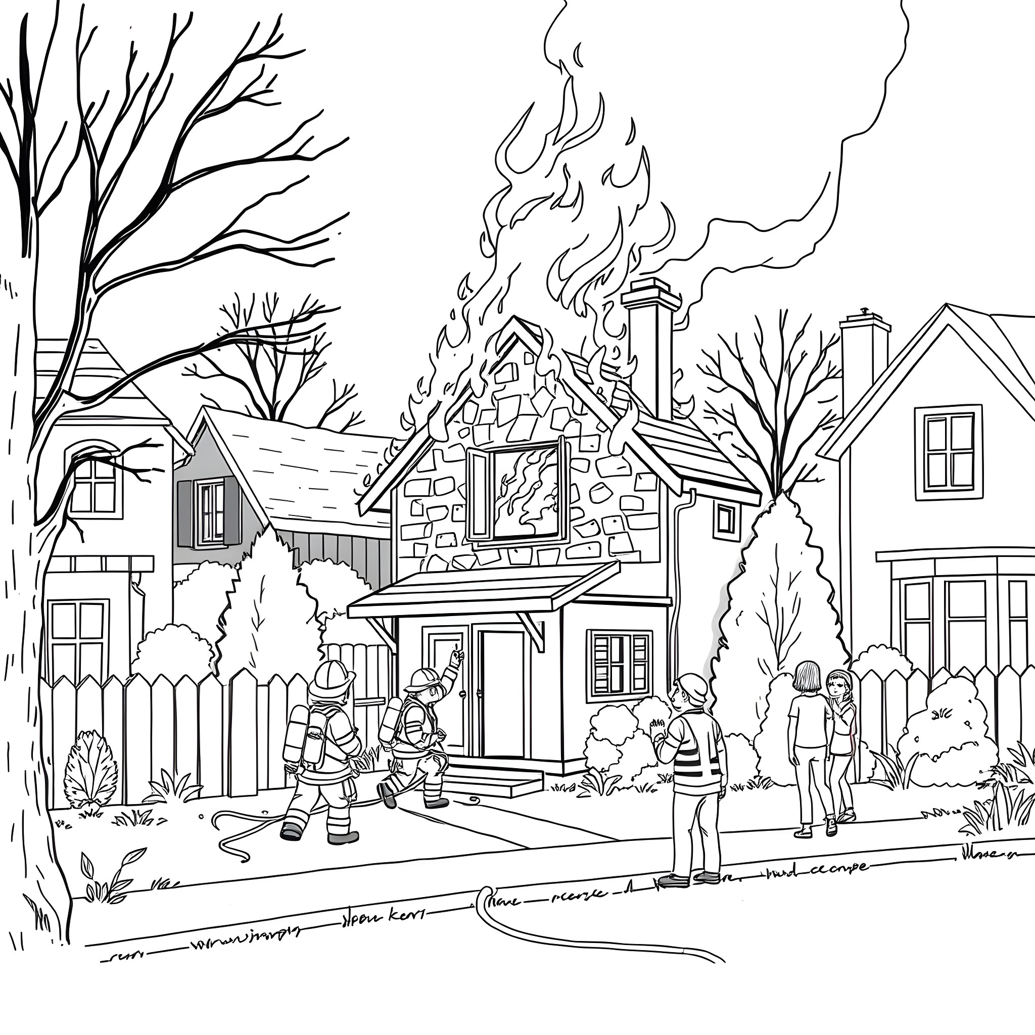 House on fire with firefighters responding to emergency Coloring Page (free black-and-white line drawing printable PDF for all, from beginners to advanced learners, including children, teens, adults, and seniors)