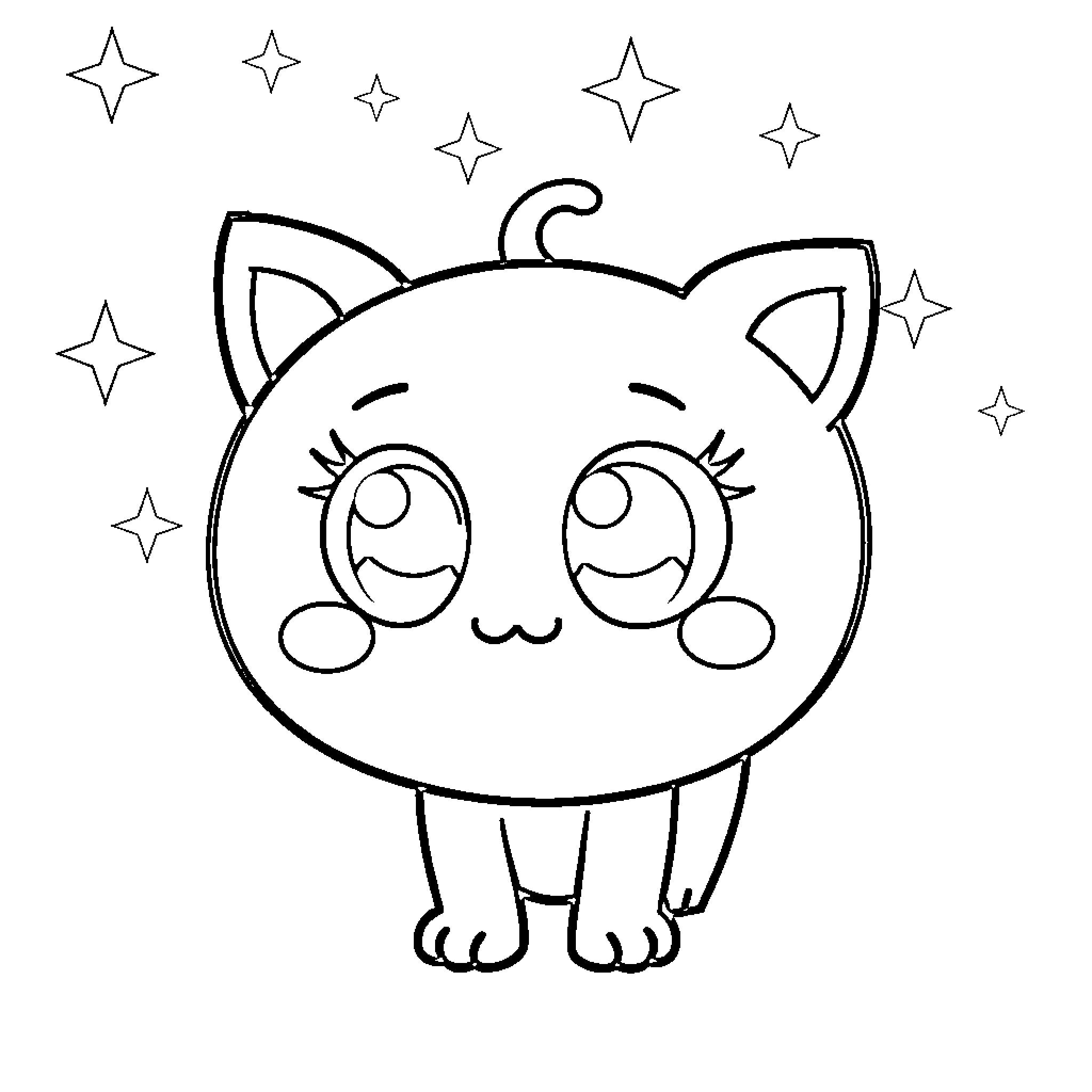Kawaii Kitty Surrounded by Sparkling Stars Coloring Page (free black-and-white line drawing printable PDF for all, from beginners to advanced learners, including children, teens, adults, and seniors)