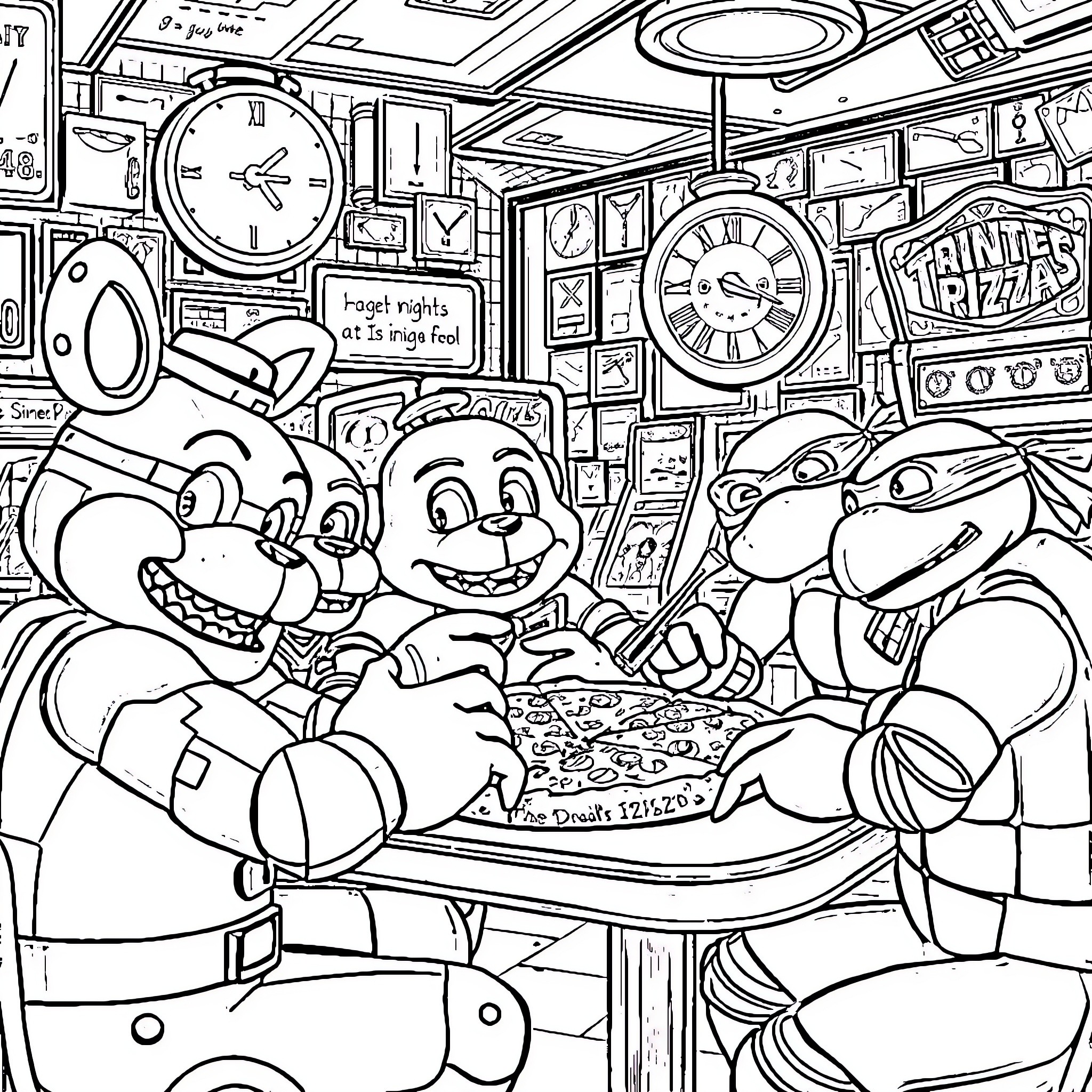 Freddy's Busy Diner - Friends Enjoying a Meal Coloring Page (free black-and-white line drawing printable PDF for all, from beginners to advanced learners, including children, teens, adults, and seniors)