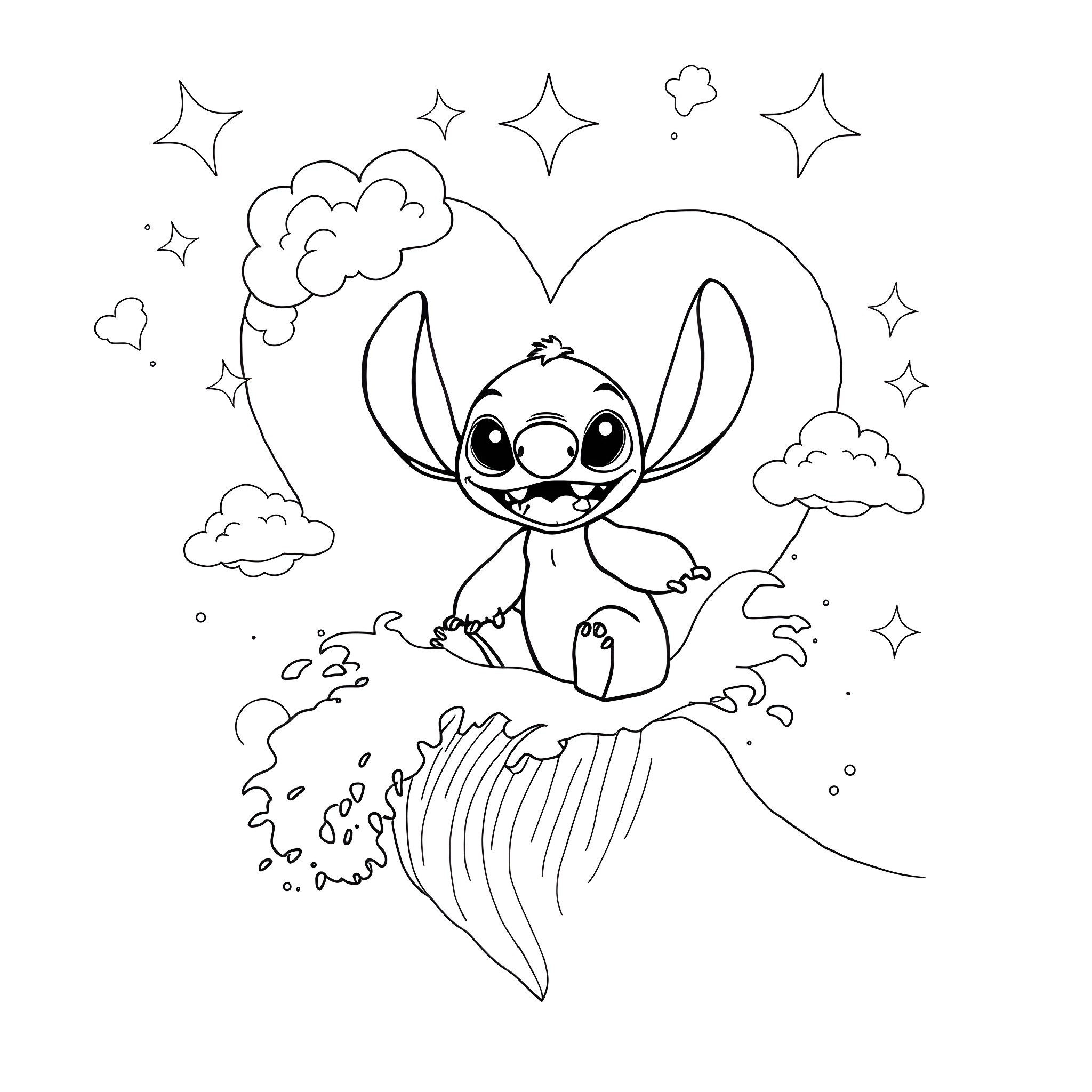 Stitch's magical adventure in the clouds Coloring Page (free black-and-white line drawing printable PDF for all, from beginners to advanced learners, including children, teens, adults, and seniors)