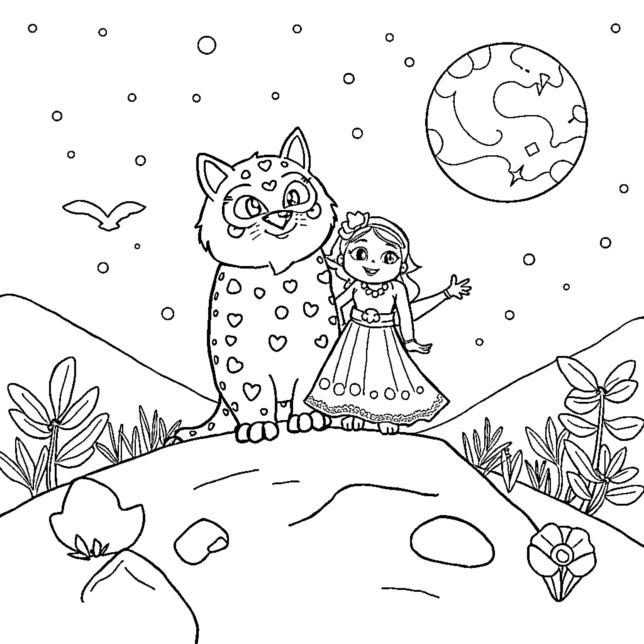 Lobisomem girl and wolf explore the night sky Coloring Page (free black-and-white line drawing printable PDF for all, from beginners to advanced learners, including children, teens, adults, and seniors)