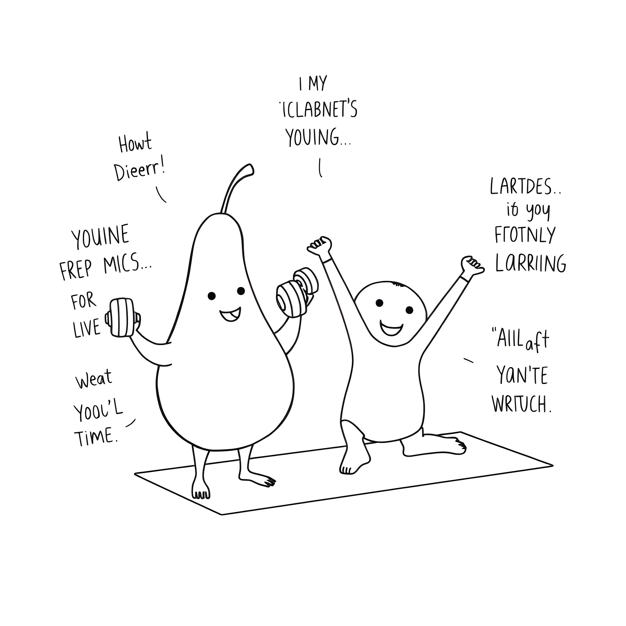 Fruit characters engaging in humorous activities Coloring Page (free black-and-white line drawing printable PDF for all, from beginners to advanced learners, including children, teens, adults, and seniors)