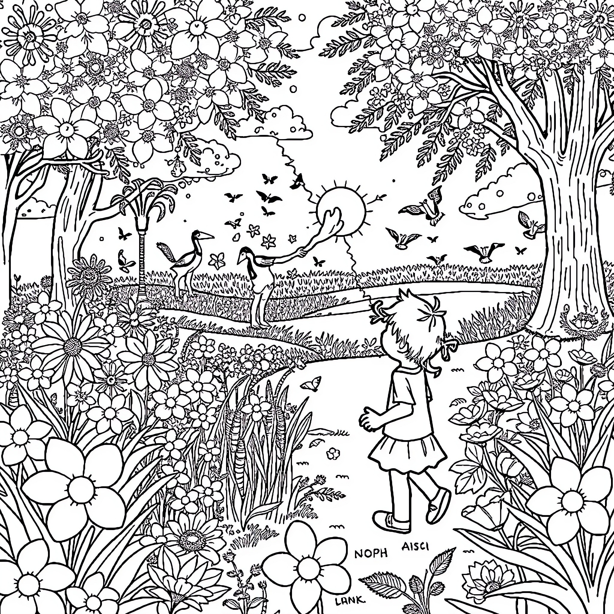 Flower Garden Scene with Whimsical Details Coloring Page (free black-and-white line drawing printable PDF for all, from beginners to advanced learners, including children, teens, adults, and seniors)