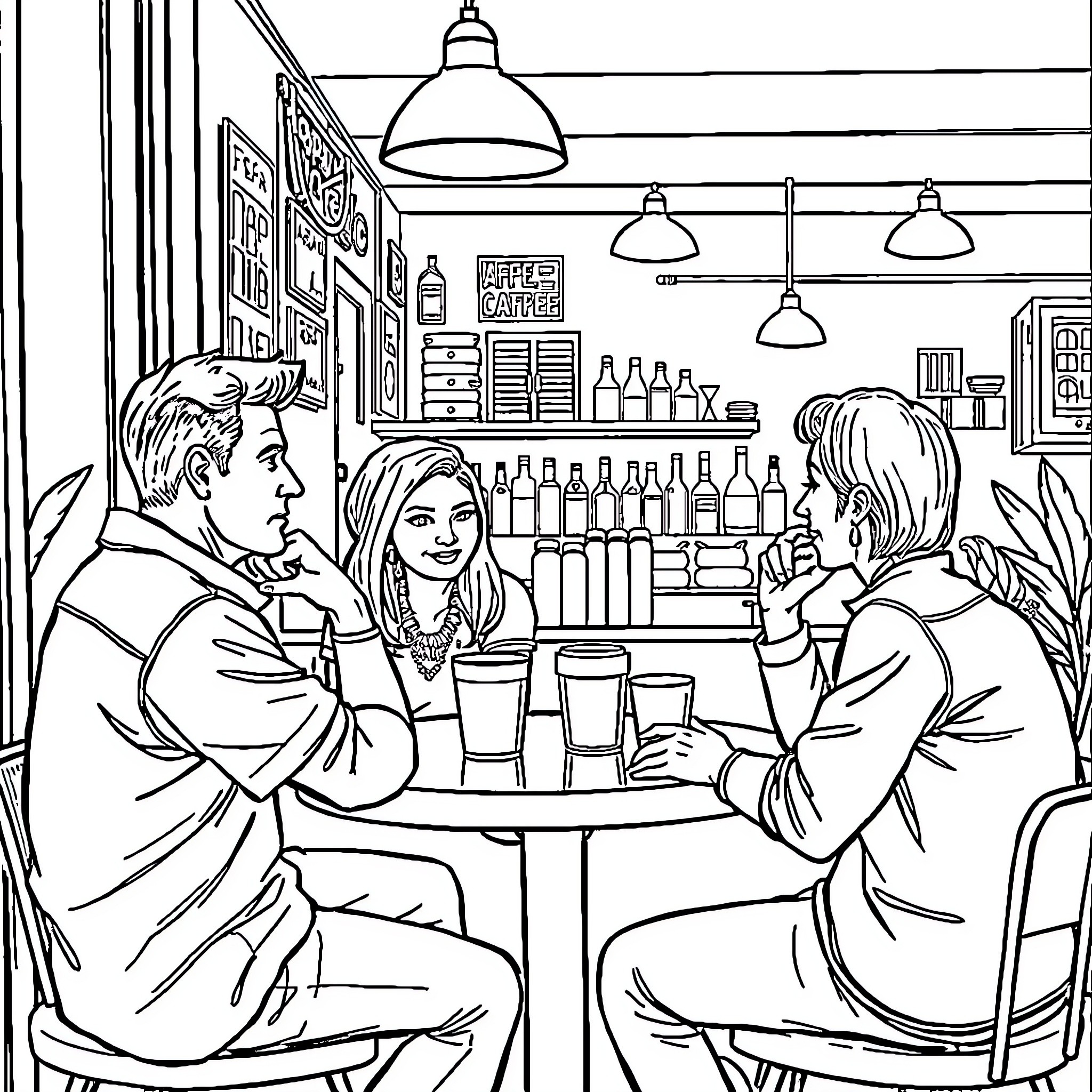 Adult Friends Enjoying Drinks at the Bar Coloring Page (free black-and-white line drawing printable PDF for all, from beginners to advanced learners, including children, teens, adults, and seniors)