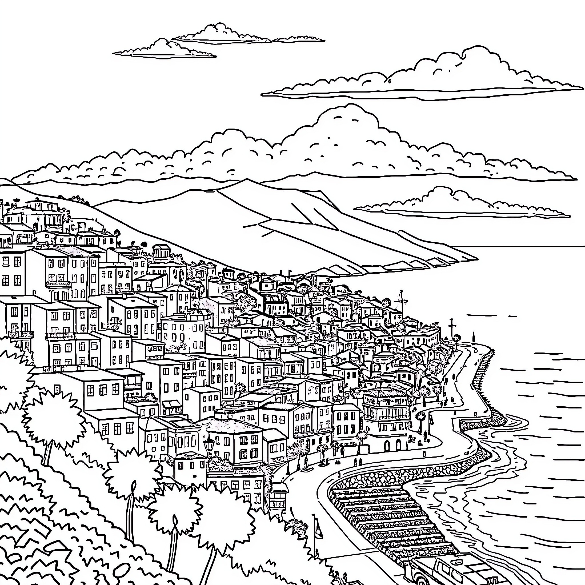 Valparaíso's Vibrant Cityscape along the Coastal Landscape Coloring Page (free black-and-white line drawing printable PDF for all, from beginners to advanced learners, including children, teens, adults, and seniors)