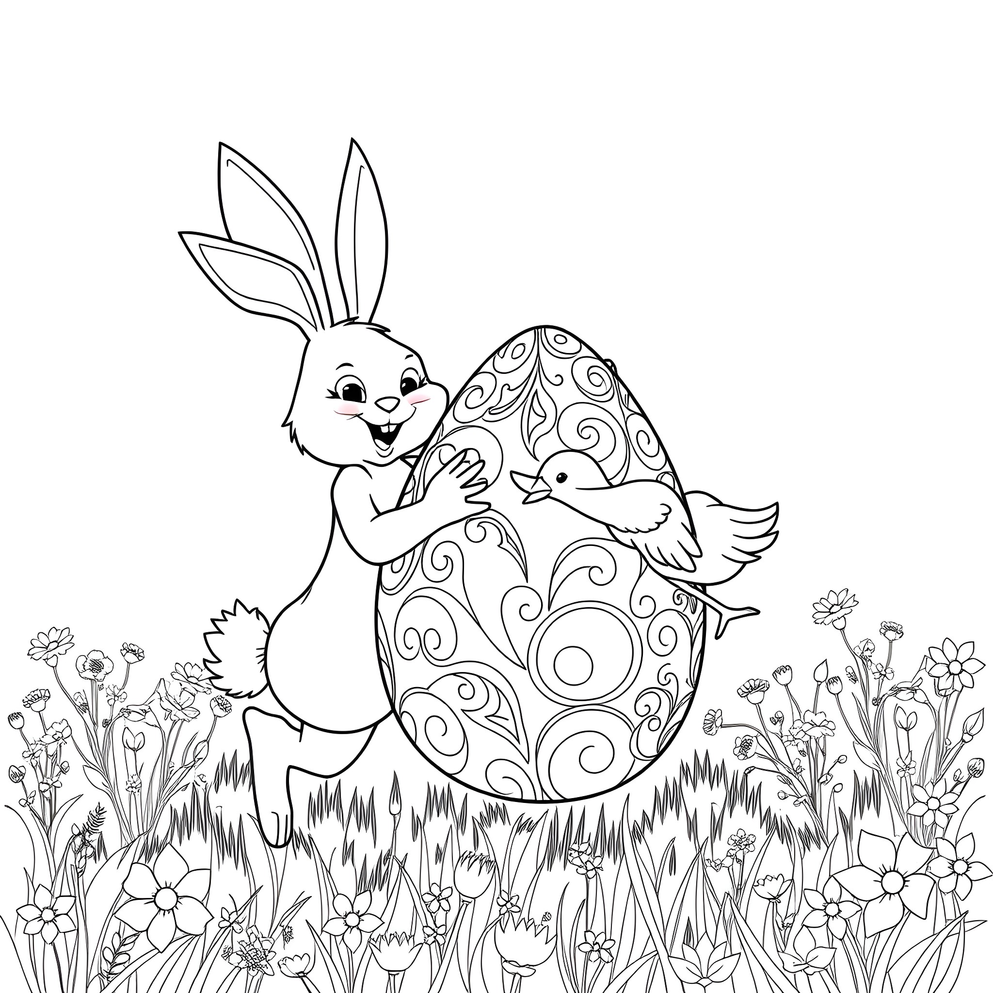 Bunny joyfully embracing an ornate Easter egg Coloring Page (free black-and-white line drawing printable PDF for all, from beginners to advanced learners, including children, teens, adults, and seniors)