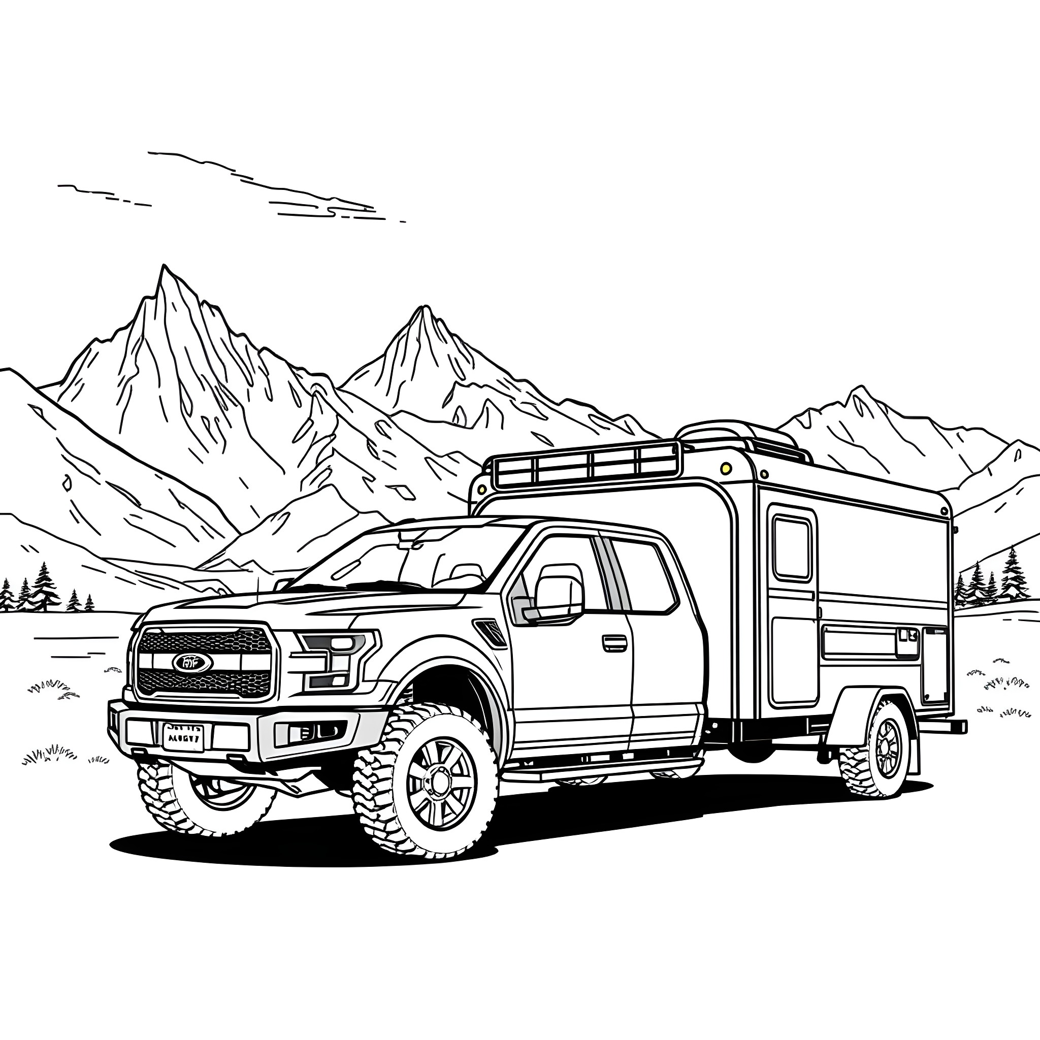 Pickup Truck Adventure in the Mountains Coloring Page (free black-and-white line drawing printable PDF for all, from beginners to advanced learners, including children, teens, adults, and seniors)