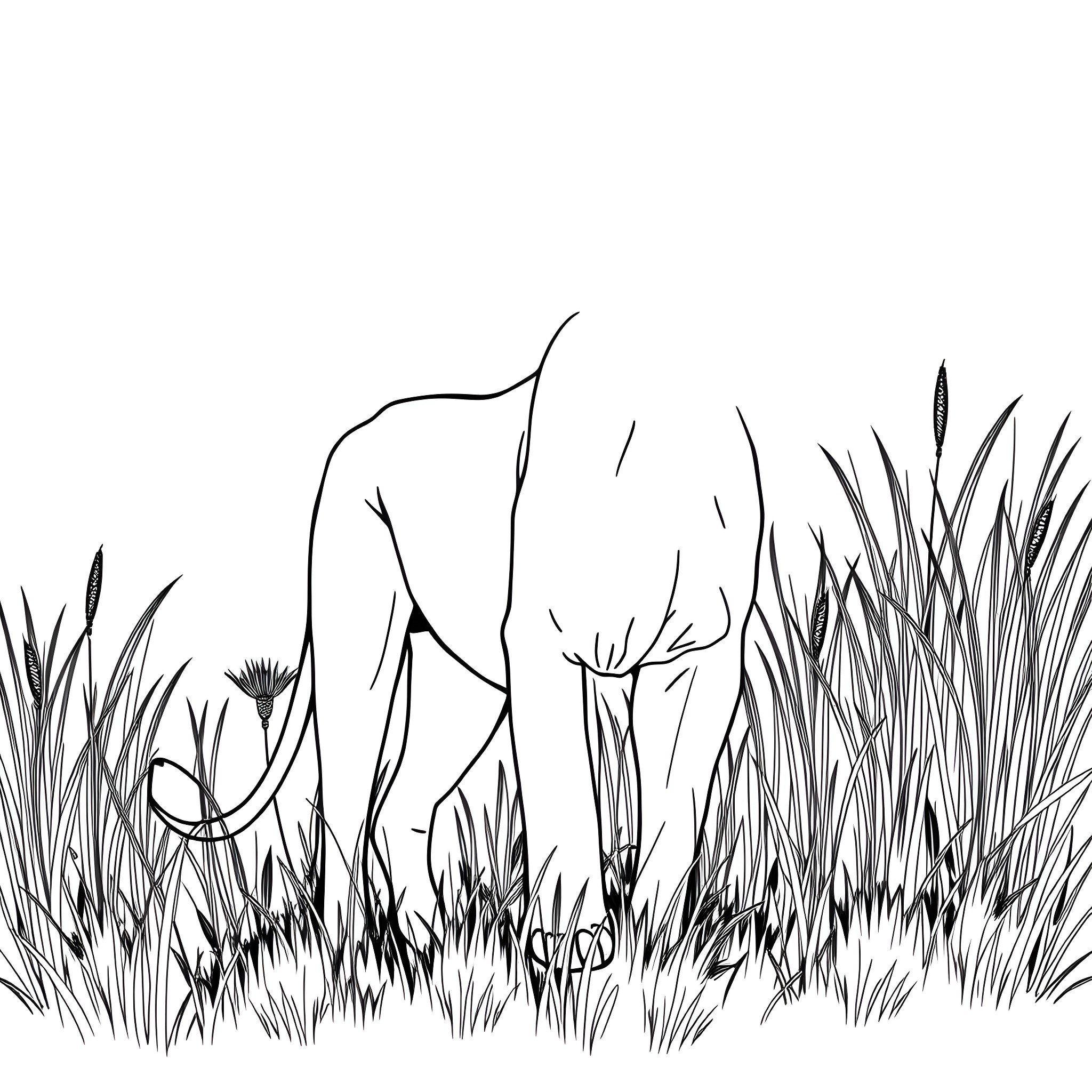 Lioness hunting in tall grass Coloring Page (free black-and-white line drawing printable PDF for all, from beginners to advanced learners, including children, teens, adults, and seniors)