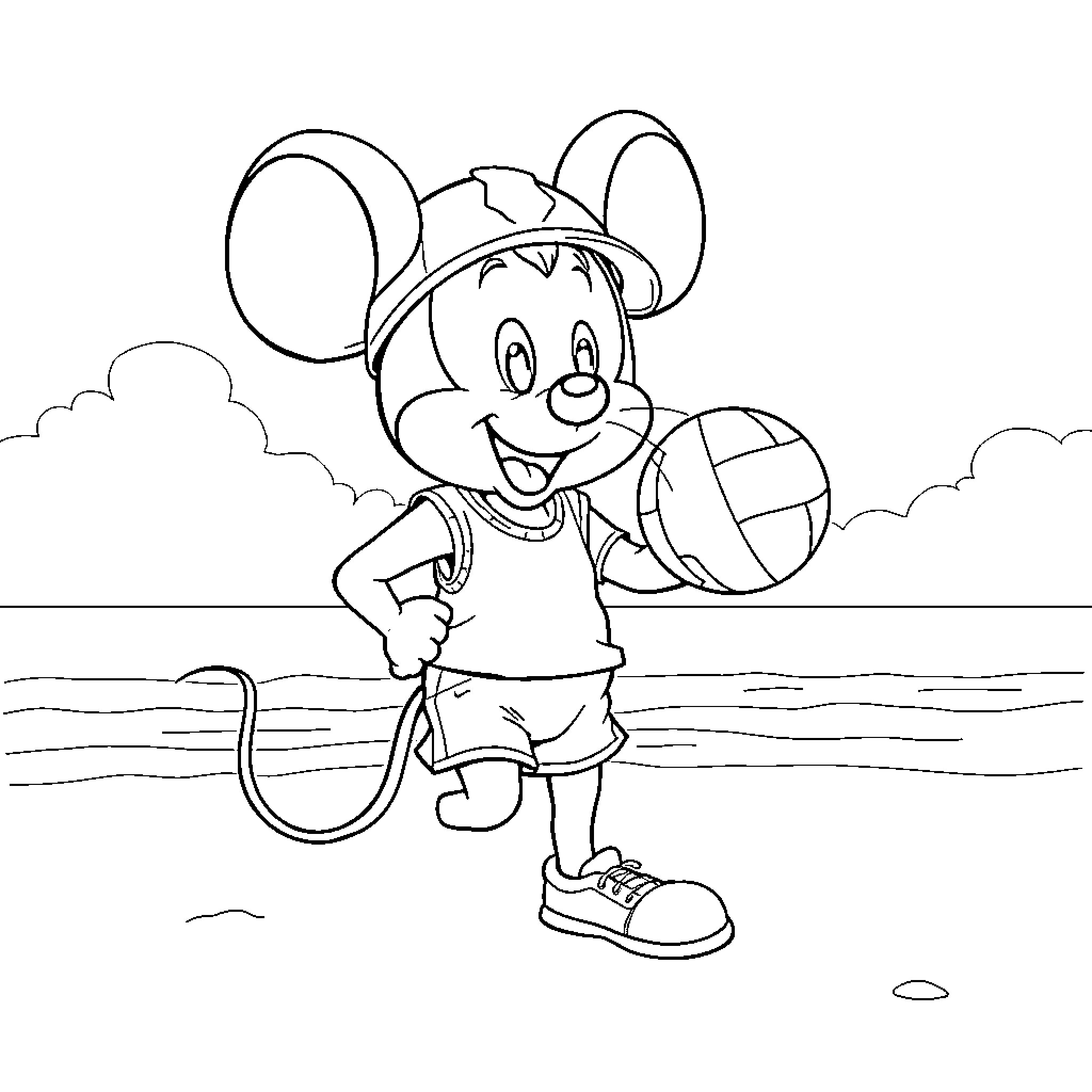 Minnie Mouse playing with a beach ball Coloring Page (free black-and-white line drawing printable PDF for all, from beginners to advanced learners, including children, teens, adults, and seniors)