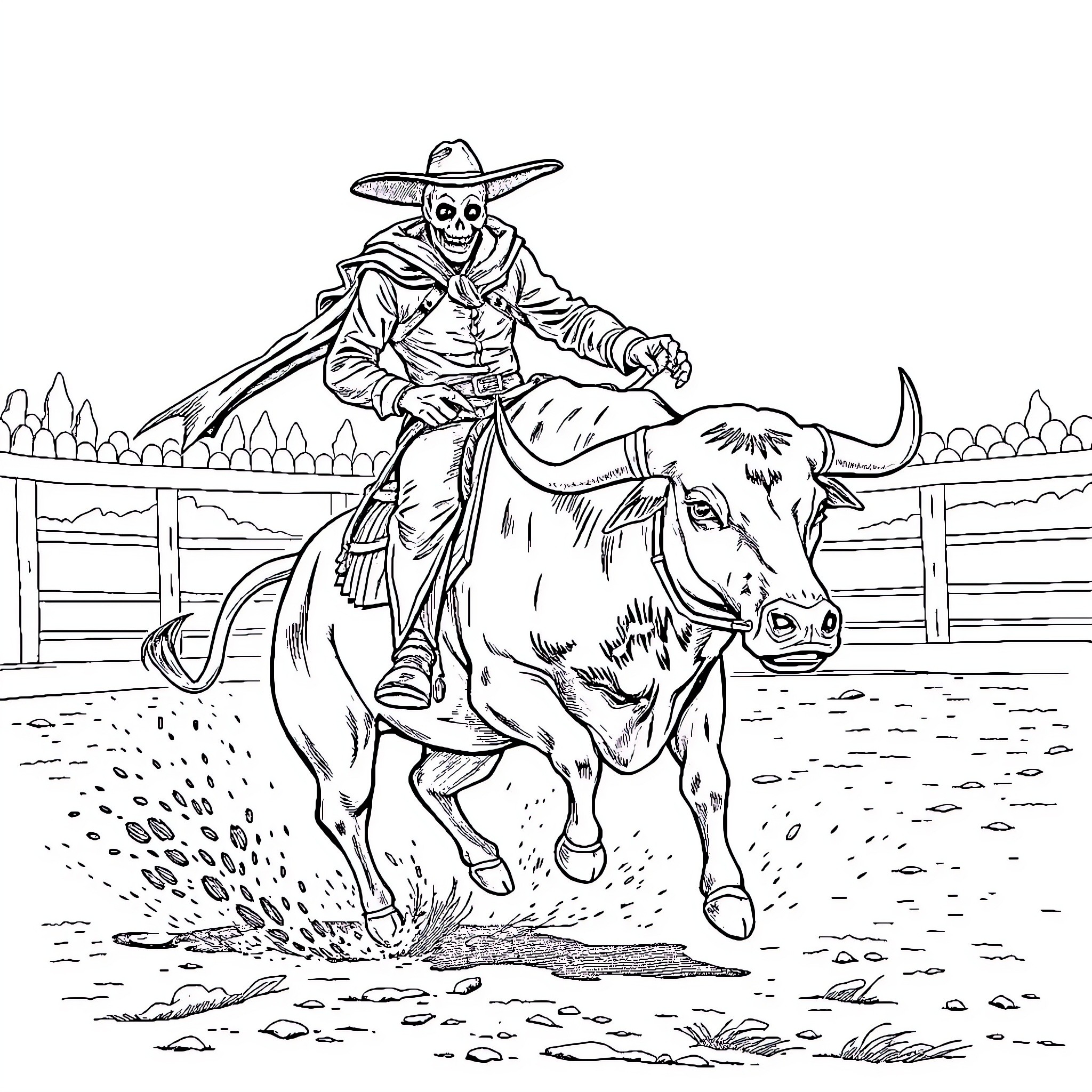 Bull Rider Performing Daring Rodeo Stunt in Arena Coloring Page (free black-and-white line drawing printable PDF for all, from beginners to advanced learners, including children, teens, adults, and seniors)