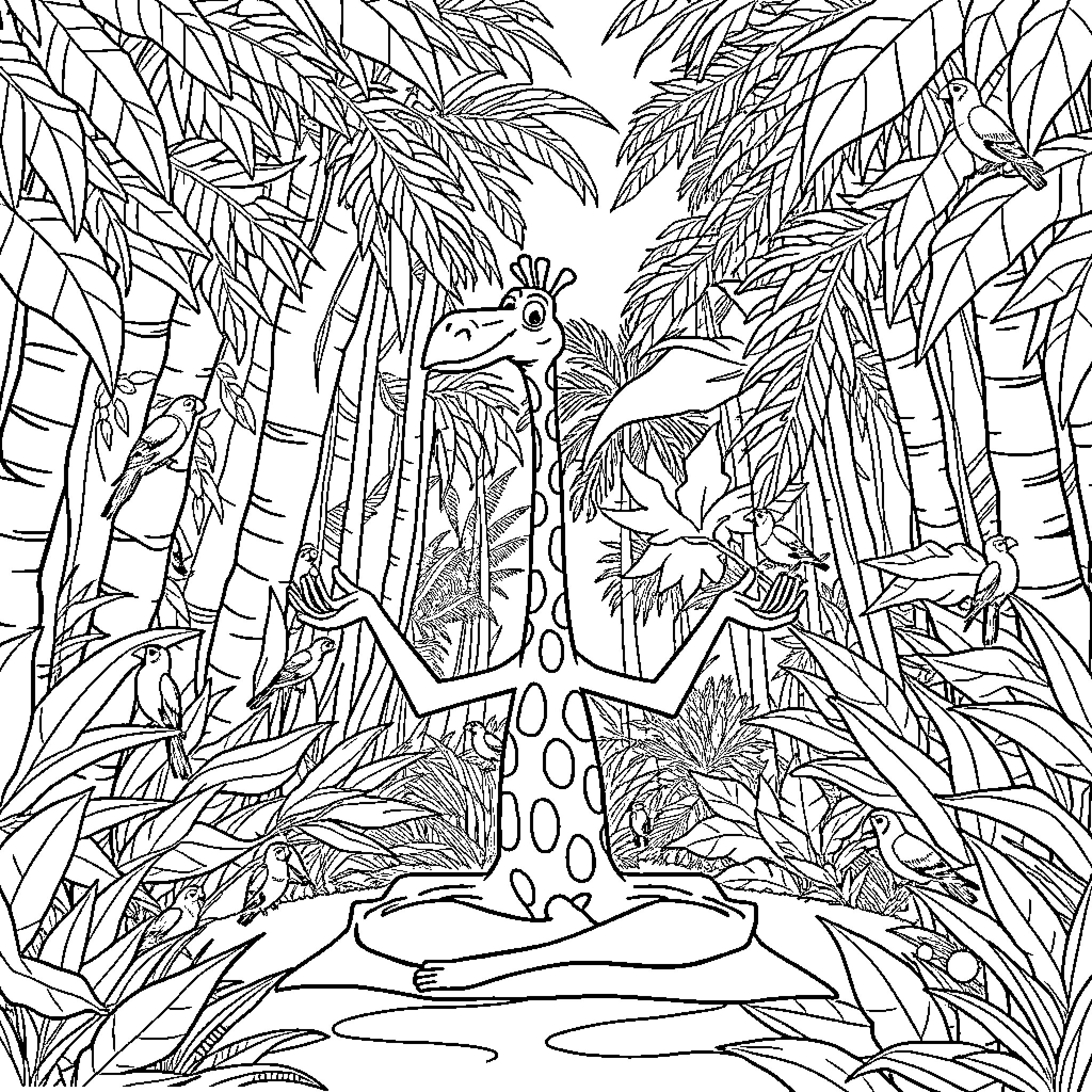 Gaston Lagaffe's Tropical Adventure Coloring Page (free black-and-white line drawing printable PDF for all, from beginners to advanced learners, including children, teens, adults, and seniors)