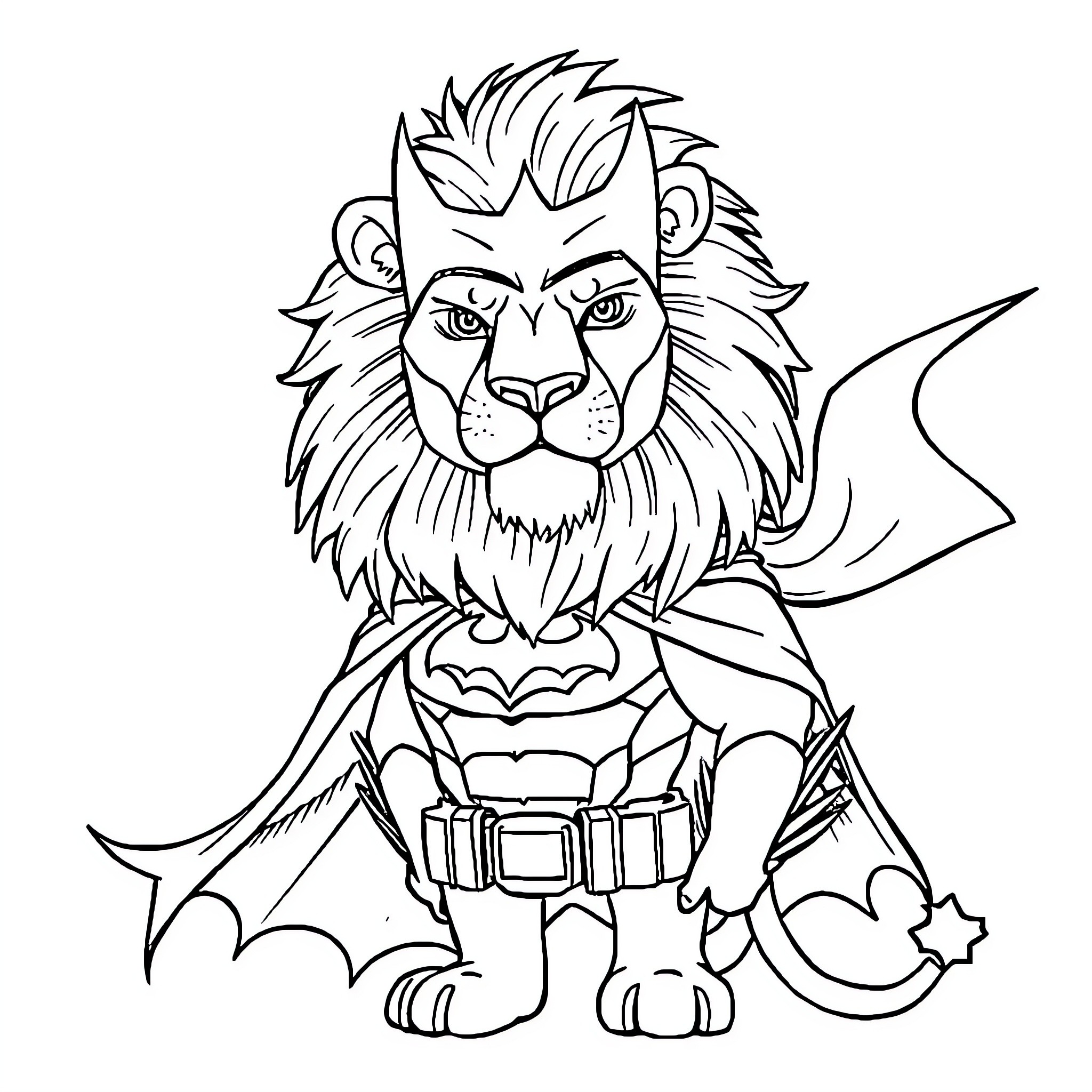 Lion superhero in action pose Coloring Page (free black-and-white line drawing printable PDF for all, from beginners to advanced learners, including children, teens, adults, and seniors)