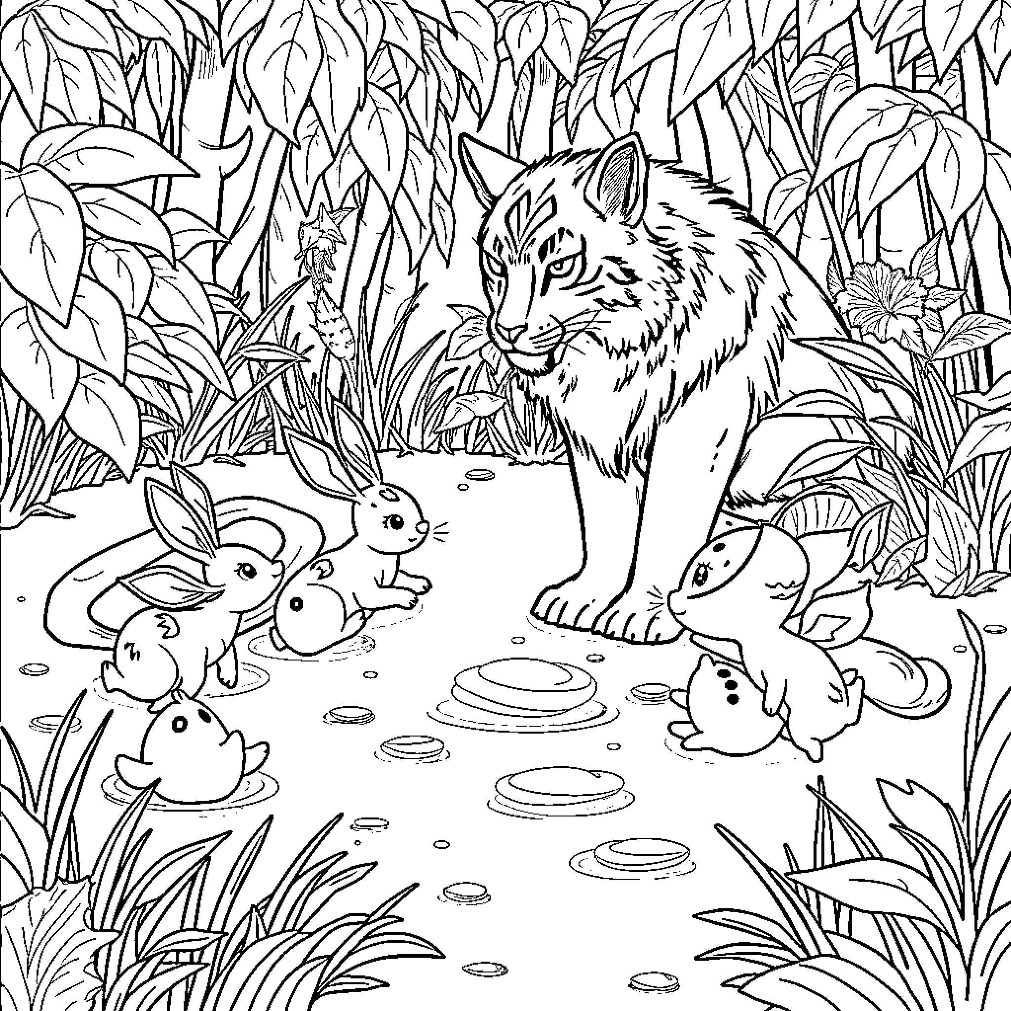 Wolf Hunting in the Lush Jungle Coloring Page (free black-and-white line drawing printable PDF for all, from beginners to advanced learners, including children, teens, adults, and seniors)