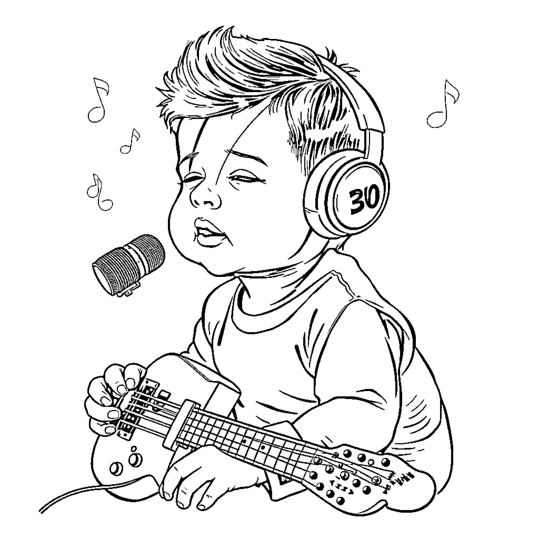 David Bowie Singing and Playing Guitar with Headphones Coloring Page (free black-and-white line drawing printable PDF for all, from beginners to advanced learners, including children, teens, adults, and seniors)