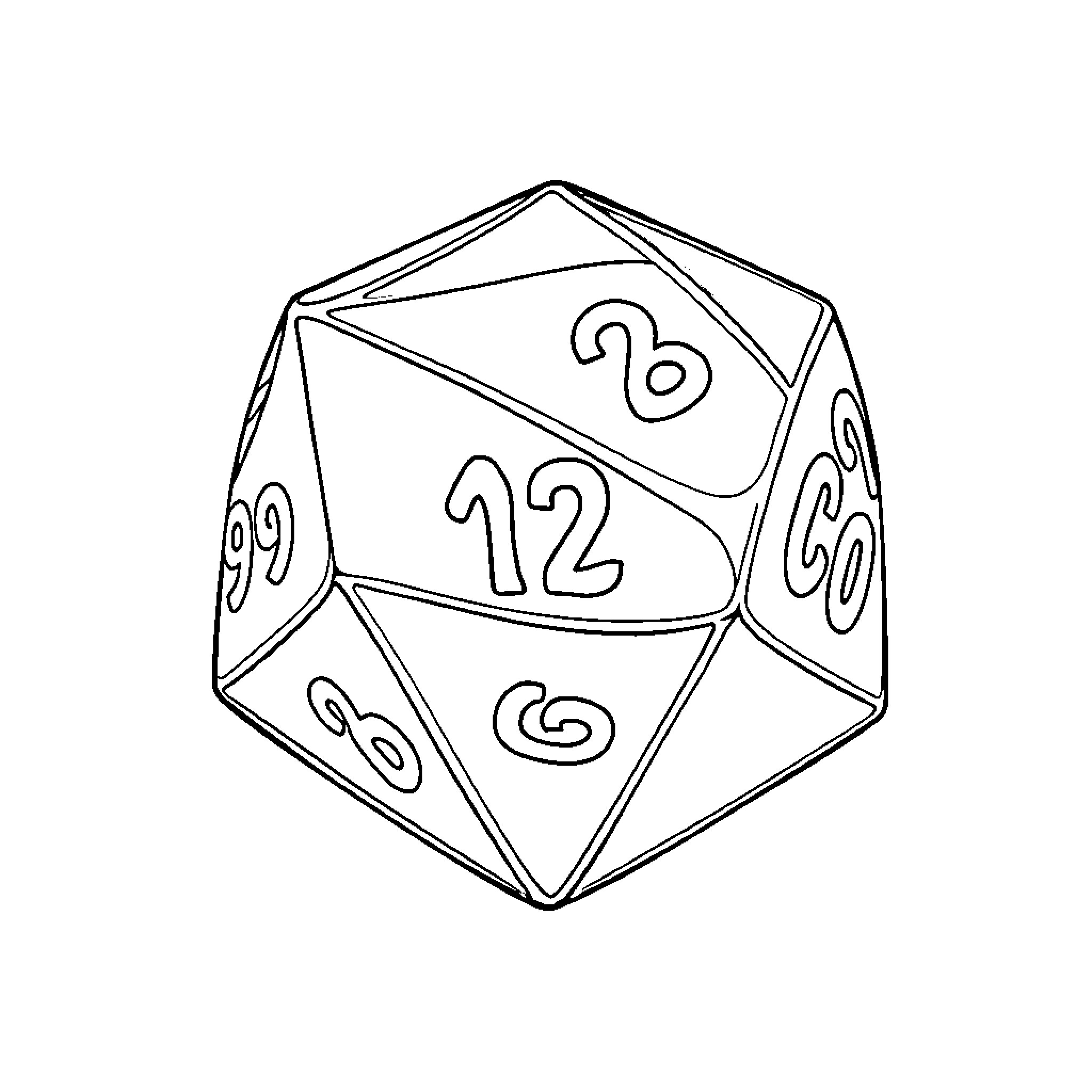 d20 game dice illustration with numbers Coloring Page (free black-and-white line drawing printable PDF for all, from beginners to advanced learners, including children, teens, adults, and seniors)