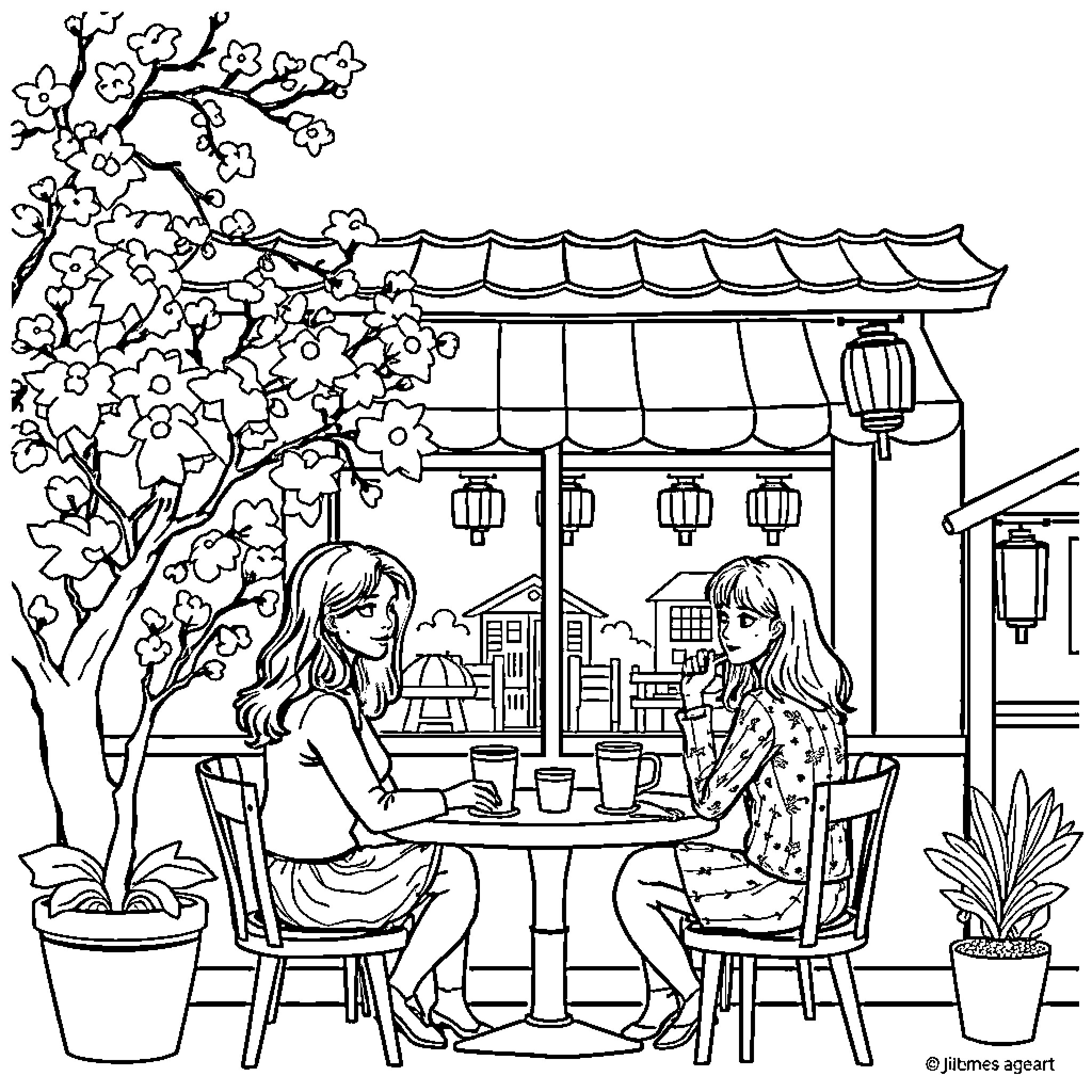 Gilmore Girls enjoying drinks on a quaint patio Coloring Page (free black-and-white line drawing printable PDF for all, from beginners to advanced learners, including children, teens, adults, and seniors)