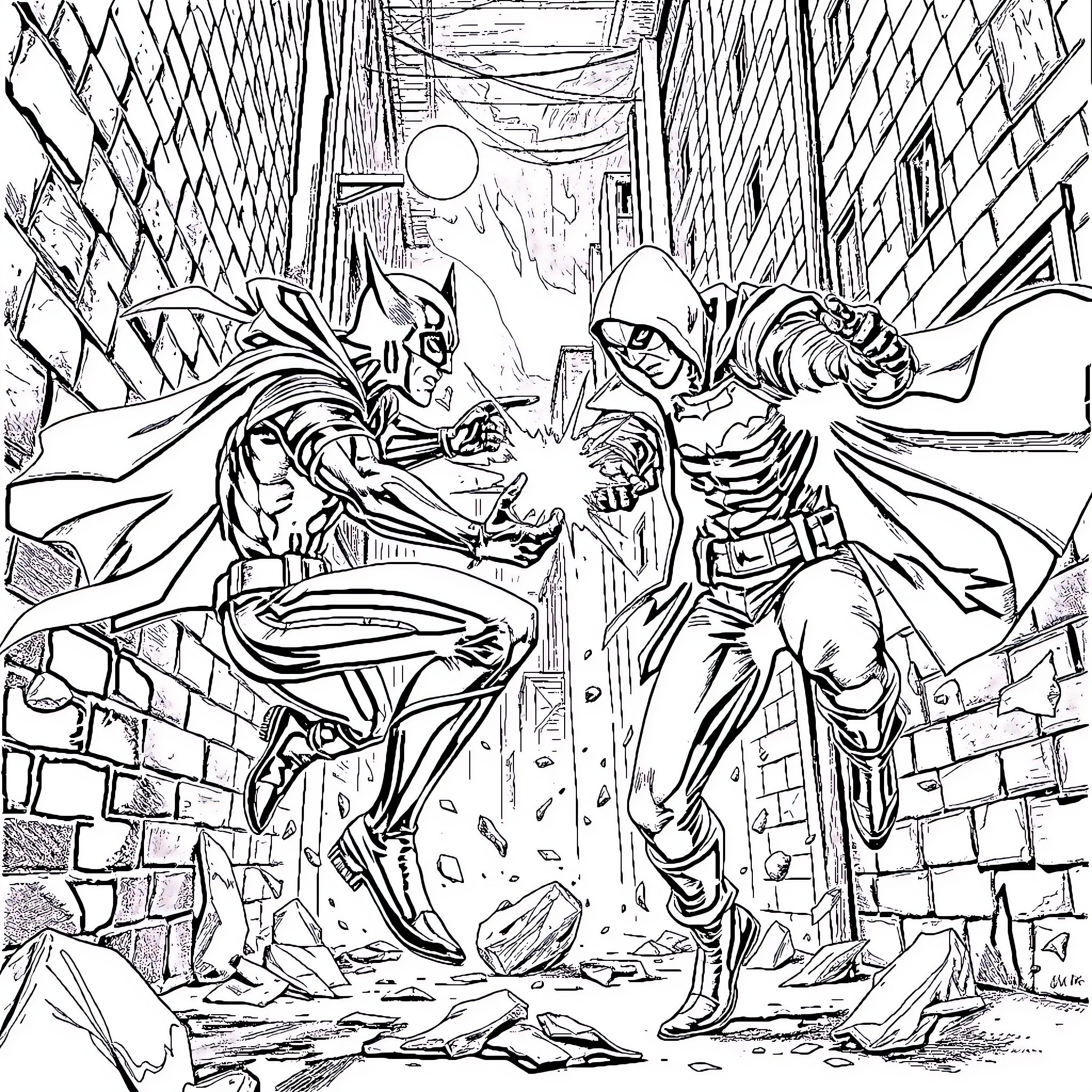 Nightwing and Batgirl in action-packed combat Coloring Page (free black-and-white line drawing printable PDF for all, from beginners to advanced learners, including children, teens, adults, and seniors)