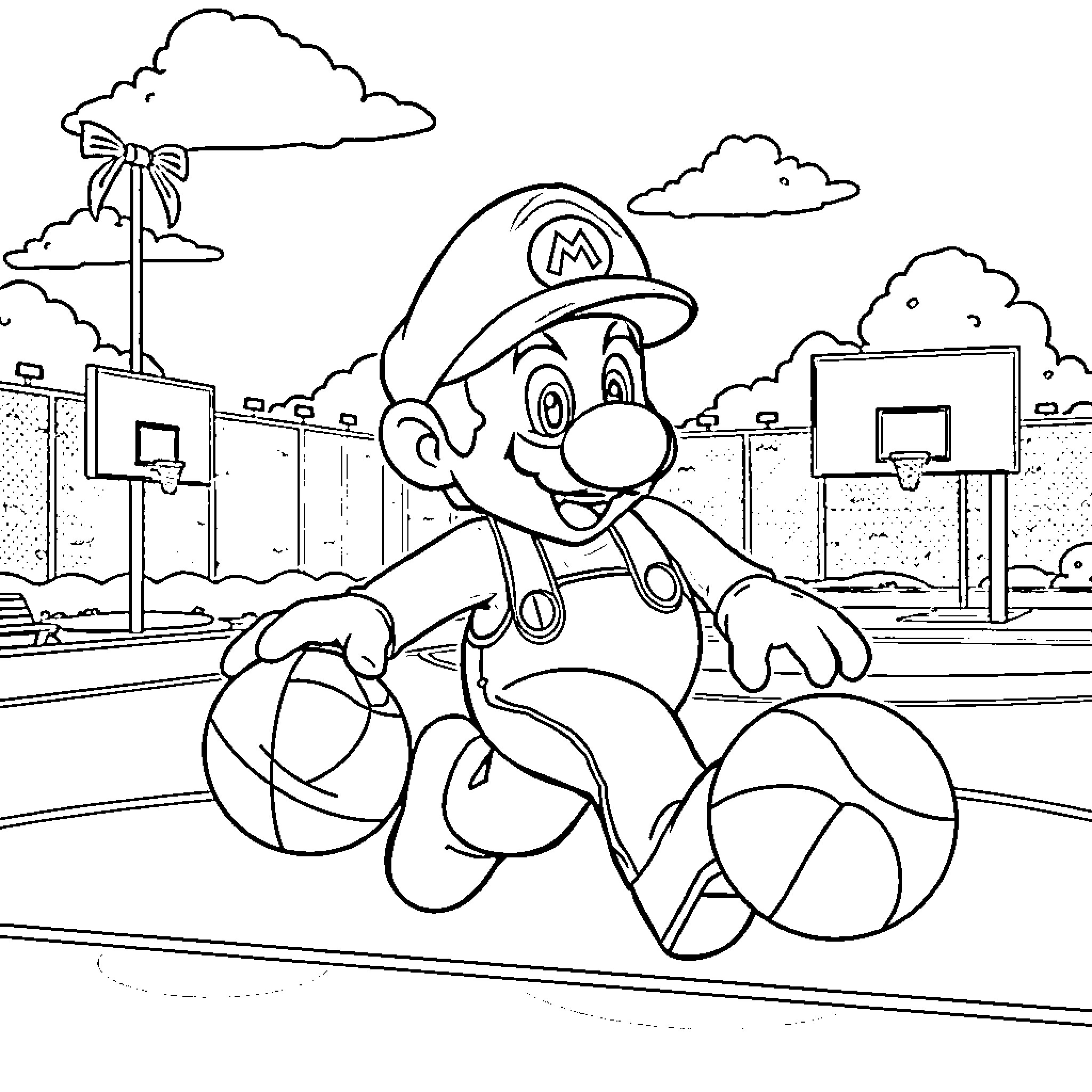 Mario playing basketball on the court Coloring Page (free black-and-white line drawing printable PDF for all, from beginners to advanced learners, including children, teens, adults, and seniors)