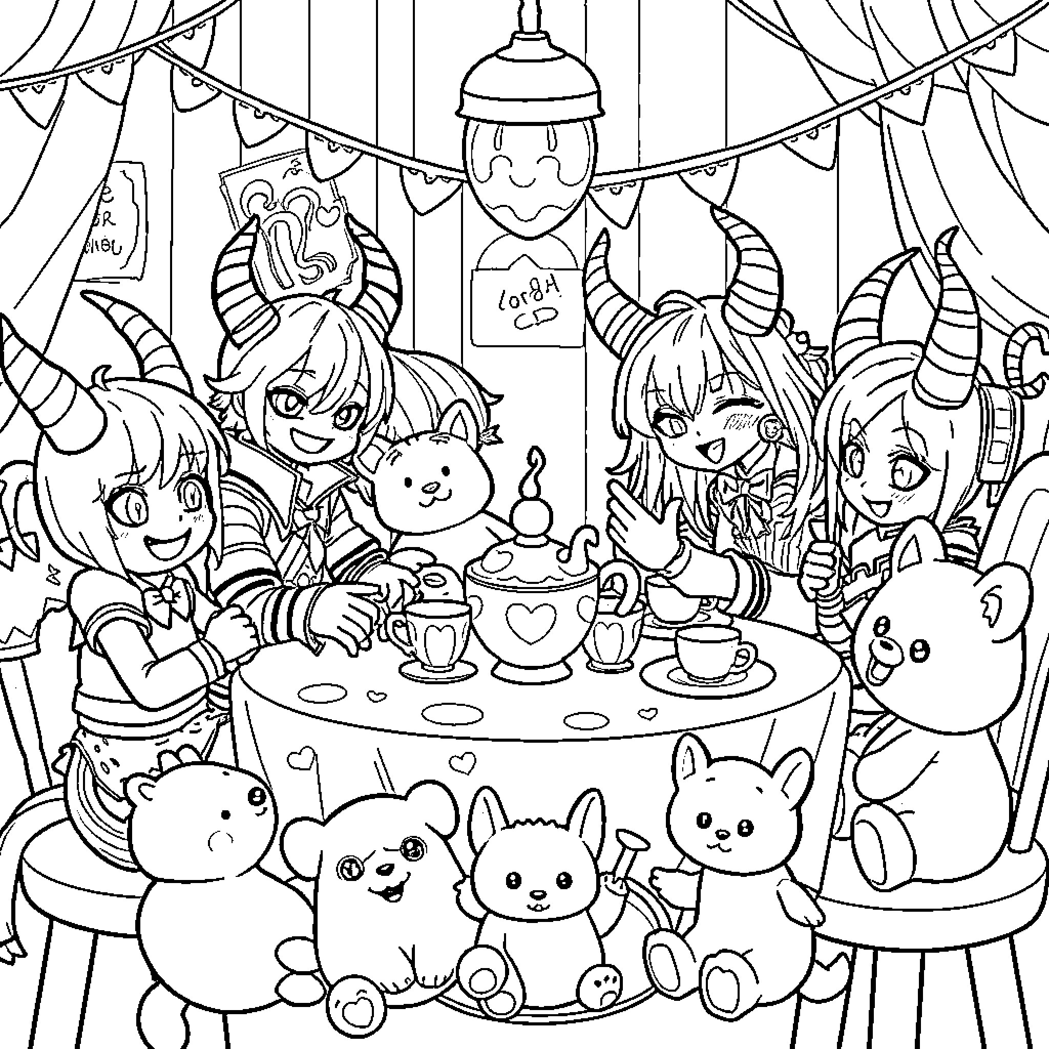 Kpop Demon Hunter Celebrates with Cute Creatures Coloring Page (free black-and-white line drawing printable PDF for all, from beginners to advanced learners, including children, teens, adults, and seniors)