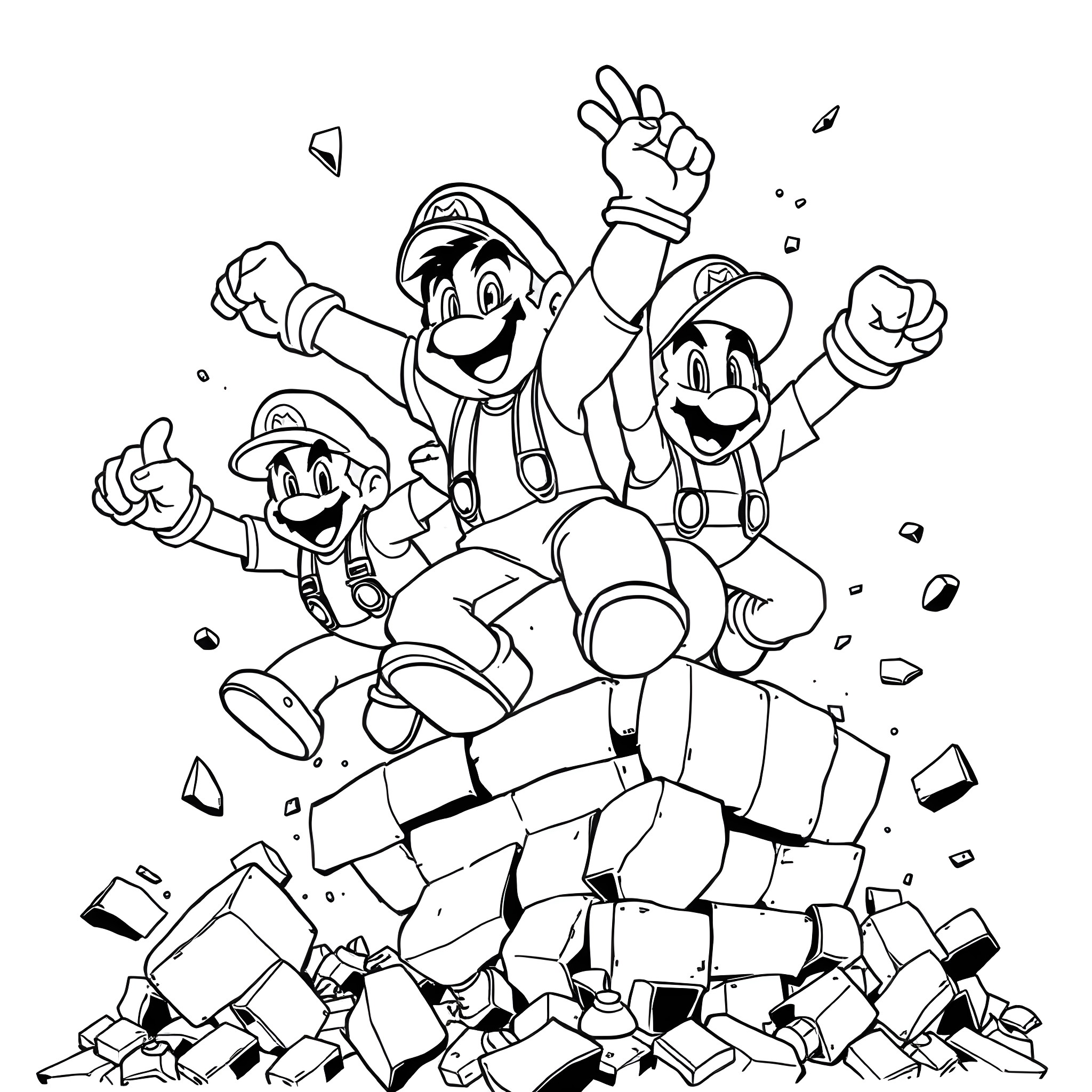 Video Game Characters Jumping Triumphantly on Broken Blocks Coloring Page (free black-and-white line drawing printable PDF for all, from beginners to advanced learners, including children, teens, adults, and seniors)