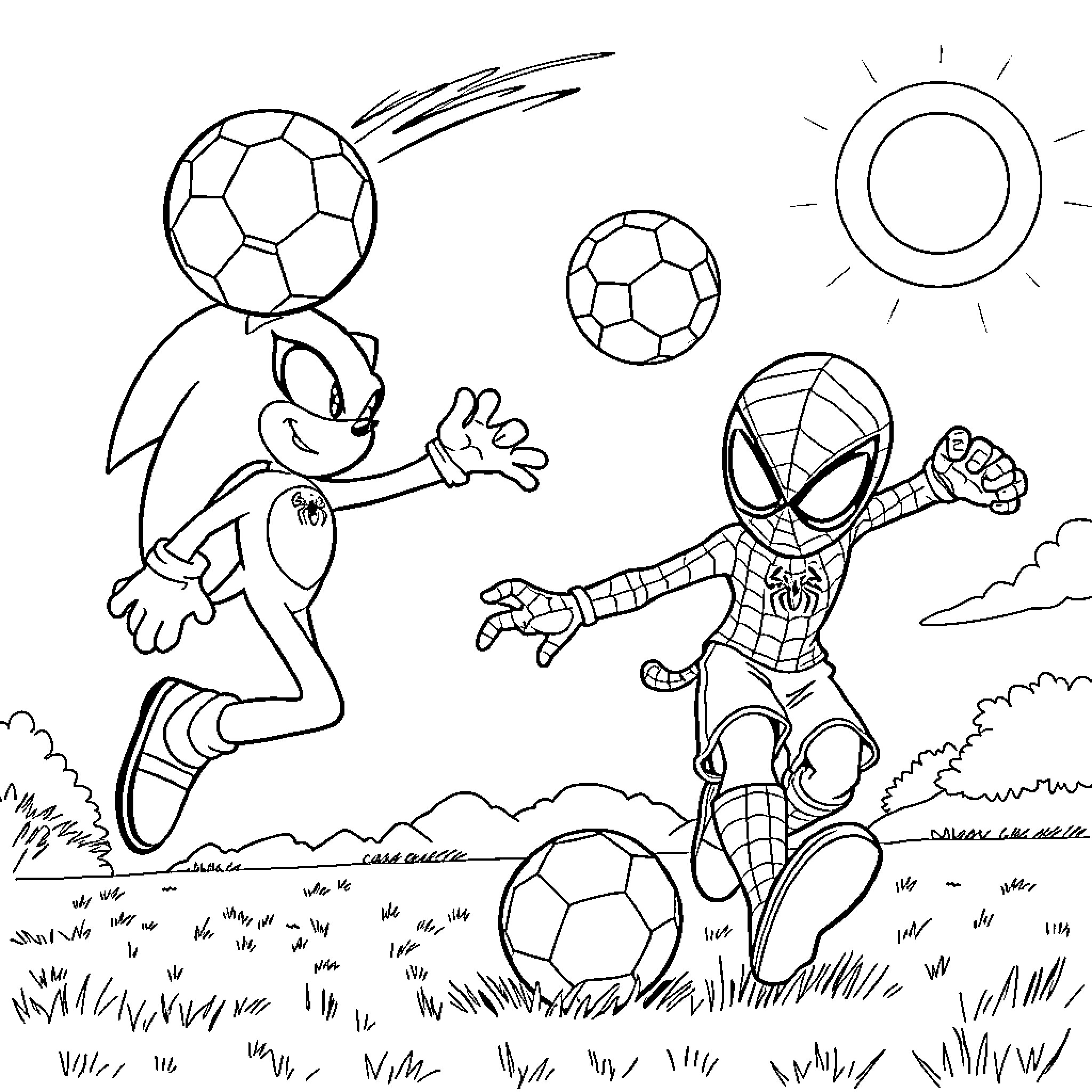 Sonic and Spider-Man playing soccer in the park Coloring Page (free black-and-white line drawing printable PDF for all, from beginners to advanced learners, including children, teens, adults, and seniors)