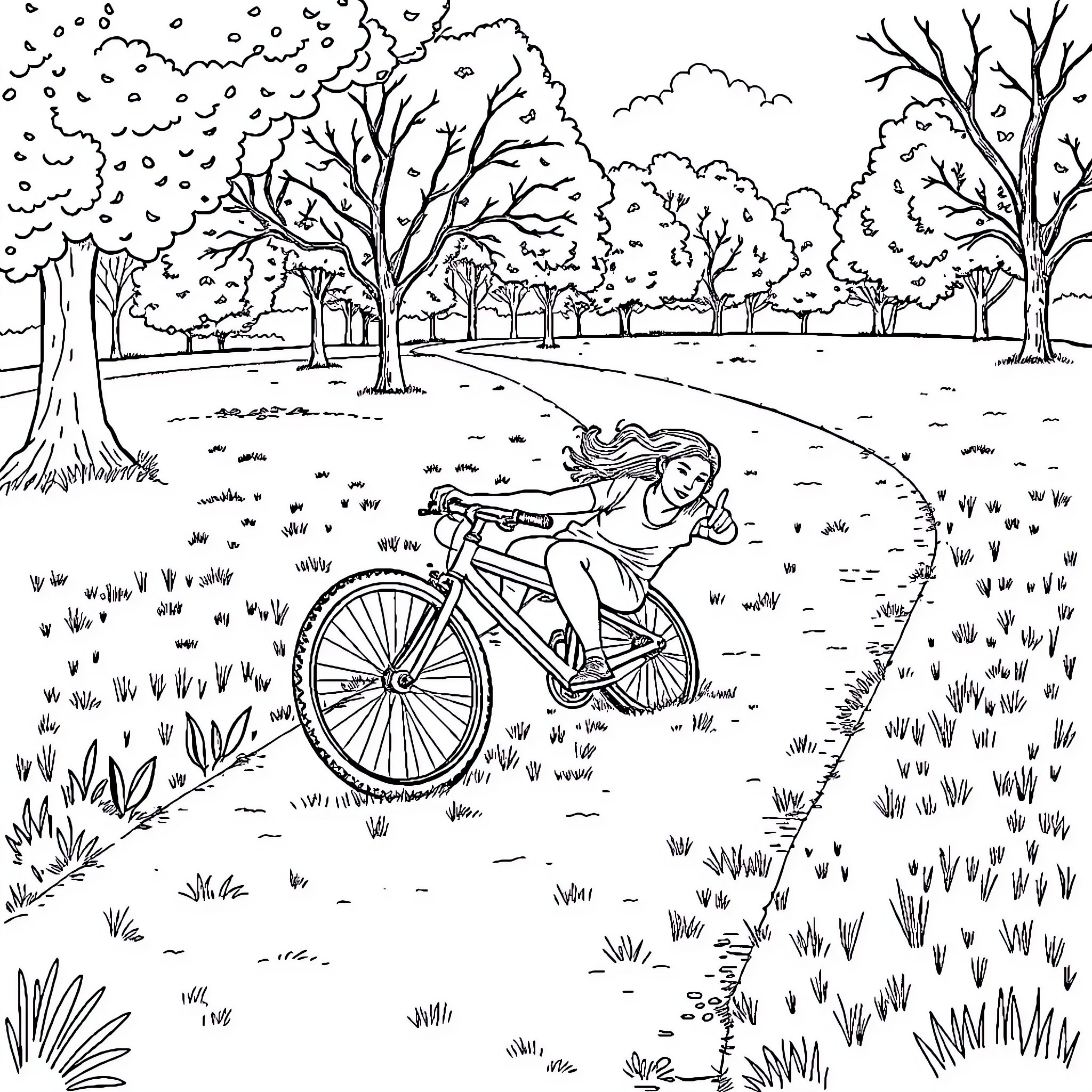 Woman Riding Bicycle Through Autumn Park Coloring Page (free black-and-white line drawing printable PDF for all, from beginners to advanced learners, including children, teens, adults, and seniors)