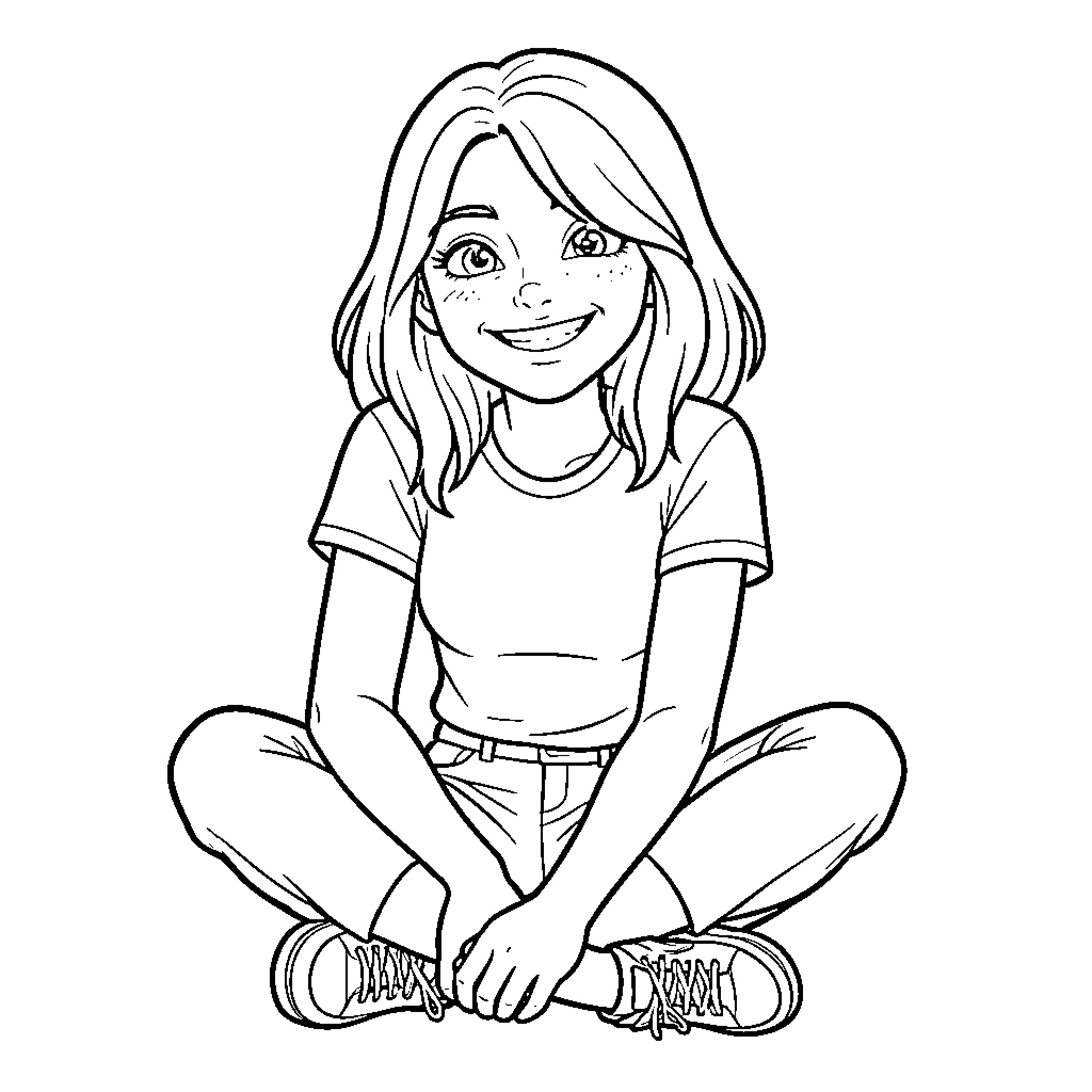 Ana Forger sitting cross-legged with a cheerful smile Coloring Page (free black-and-white line drawing printable PDF for all, from beginners to advanced learners, including children, teens, adults, and seniors)
