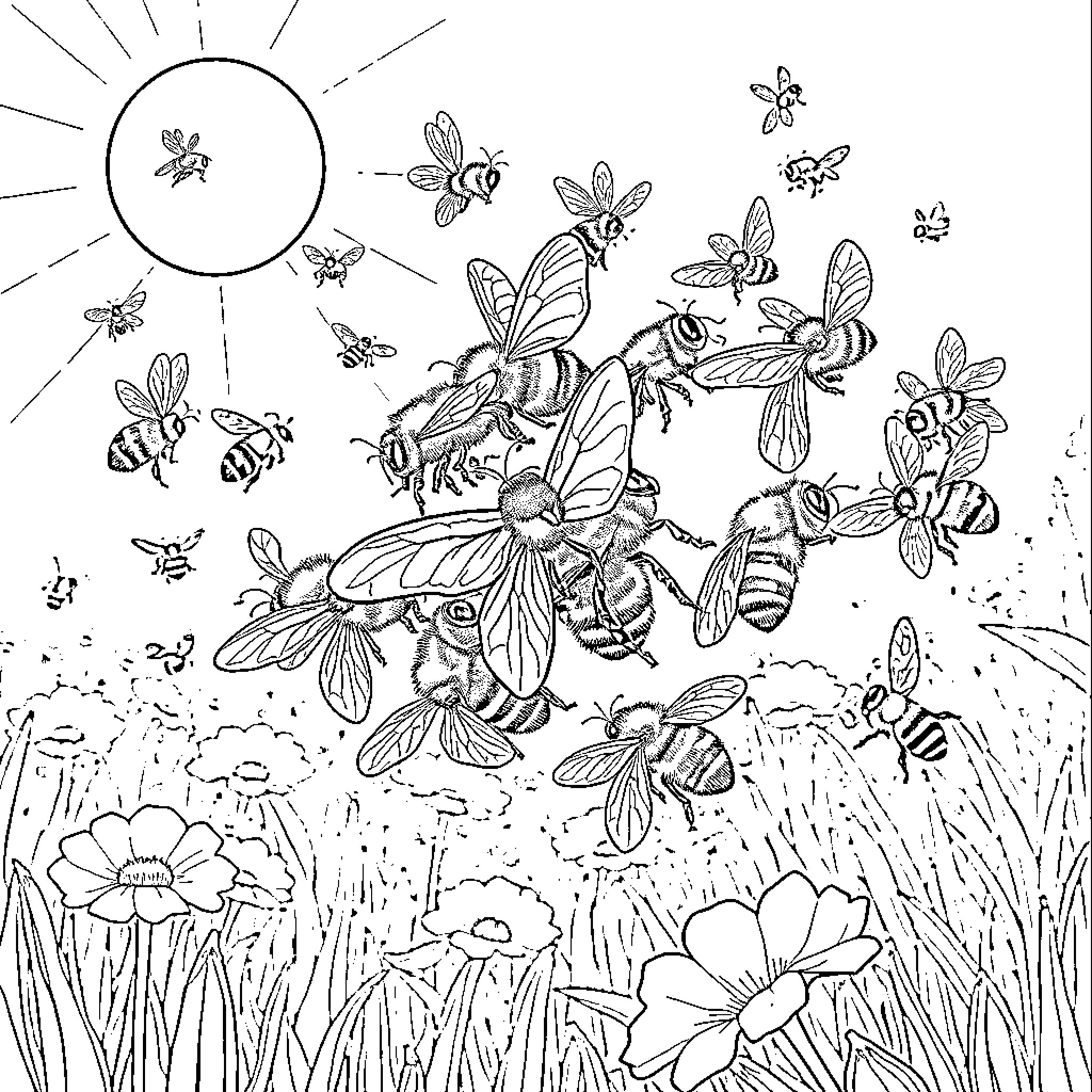 Bee flying amidst floral delight Coloring Page (free black-and-white line drawing printable PDF for all, from beginners to advanced learners, including children, teens, adults, and seniors)