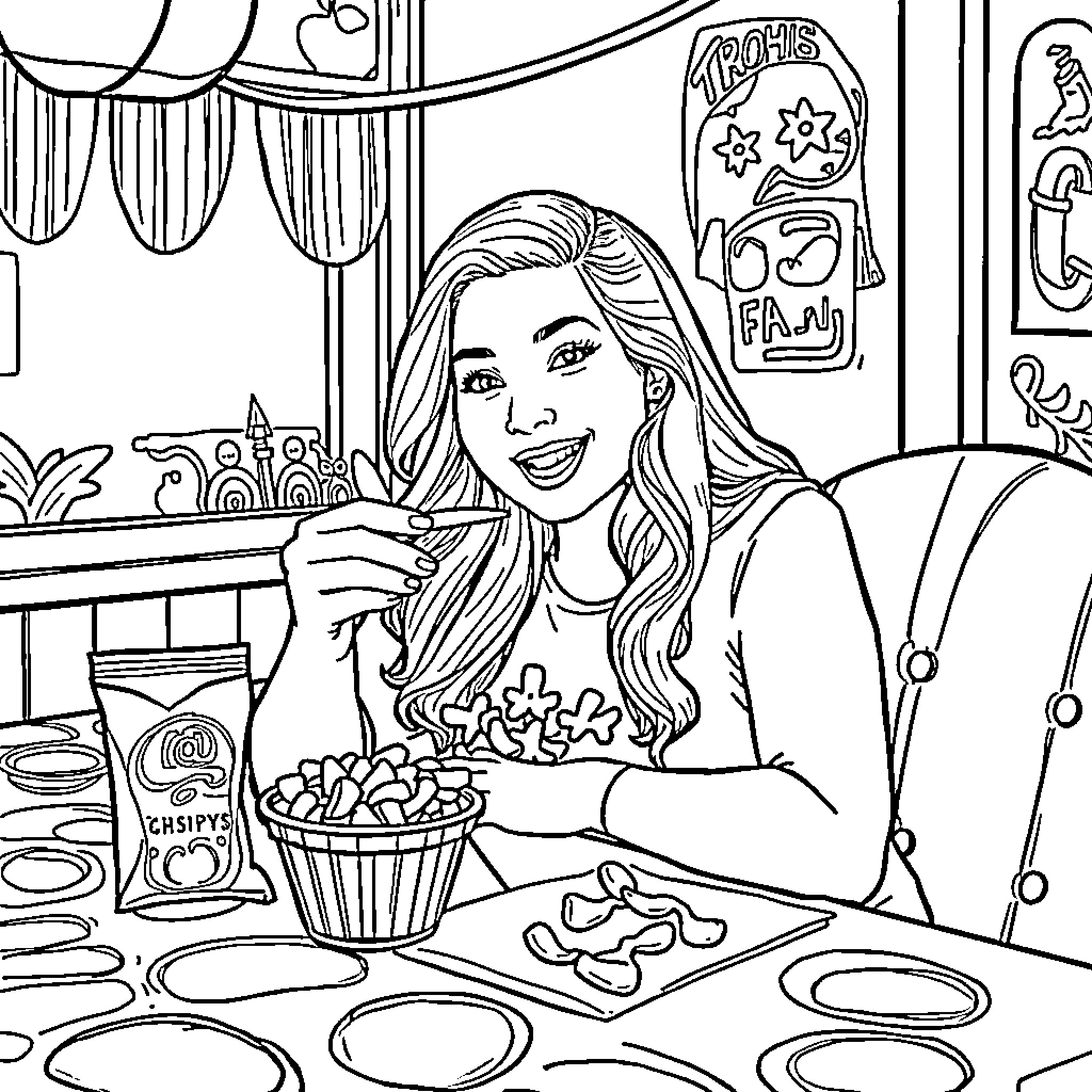 Amberlynn Reid Enjoying Snacks and Relaxing at Home Coloring Page (free black-and-white line drawing printable PDF for all, from beginners to advanced learners, including children, teens, adults, and seniors)