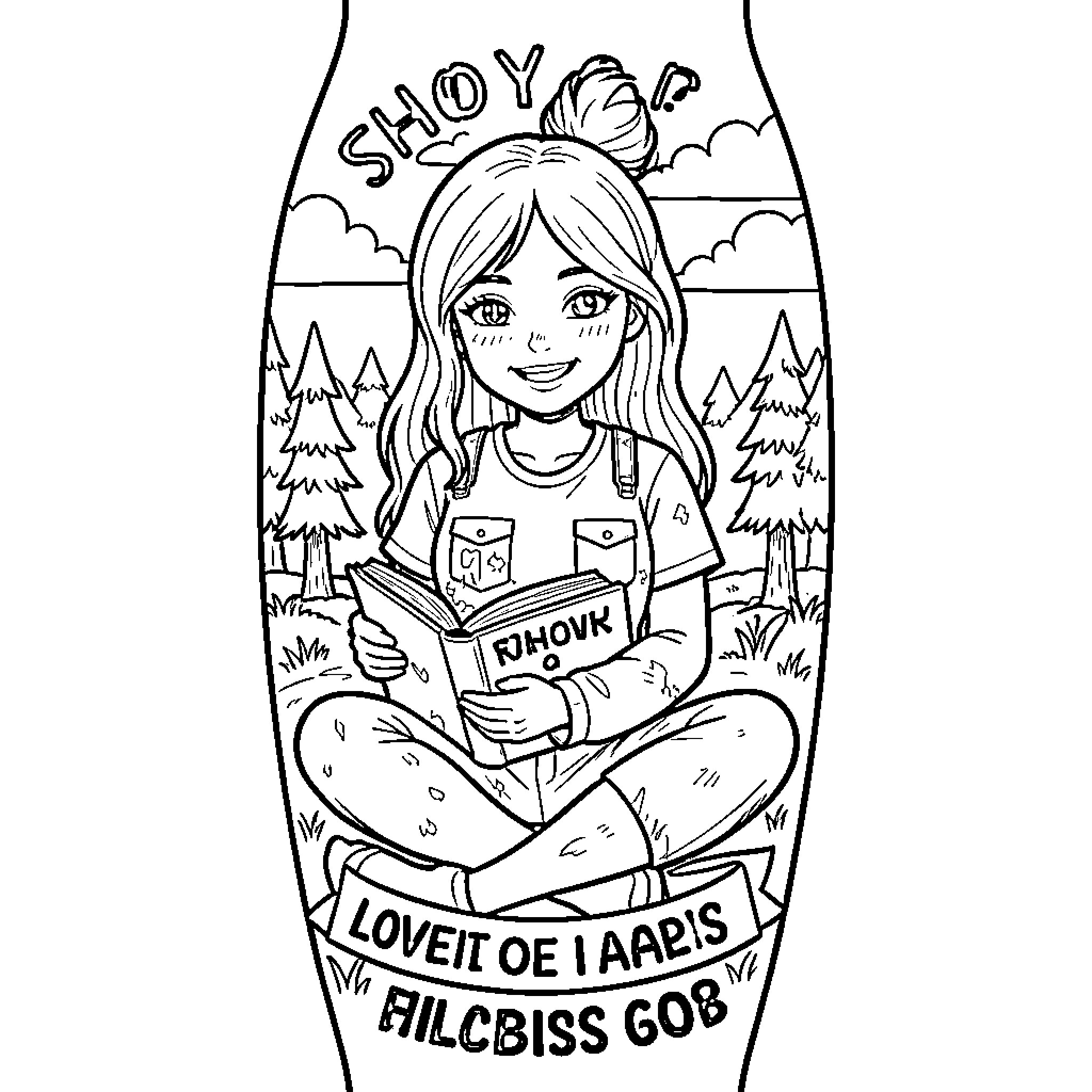 Tattoo of a girl sitting and reading a book Coloring Page (free black-and-white line drawing printable PDF for all, from beginners to advanced learners, including children, teens, adults, and seniors)