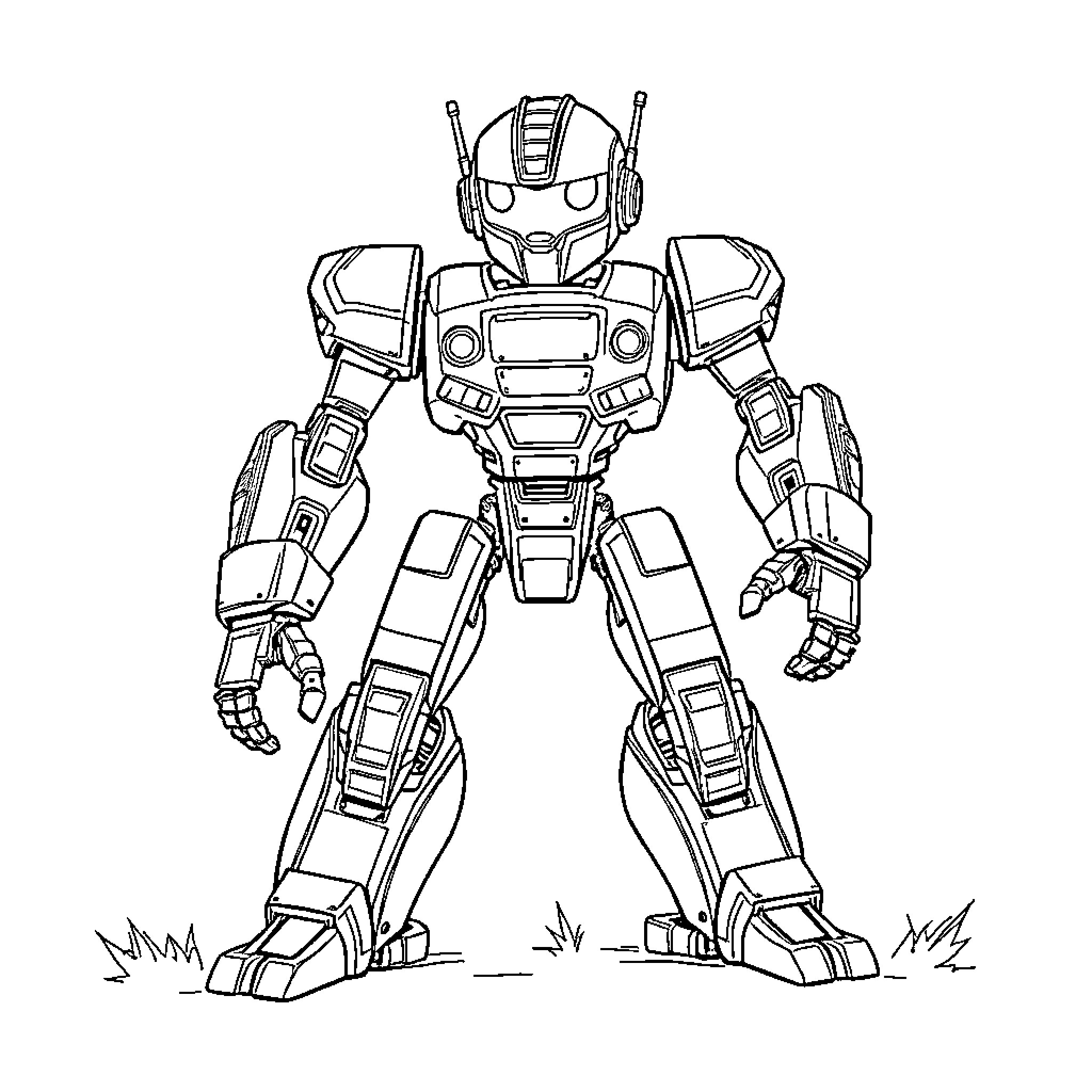 Robot standing with weapons in hand Coloring Page (free black-and-white line drawing printable PDF for all, from beginners to advanced learners, including children, teens, adults, and seniors)