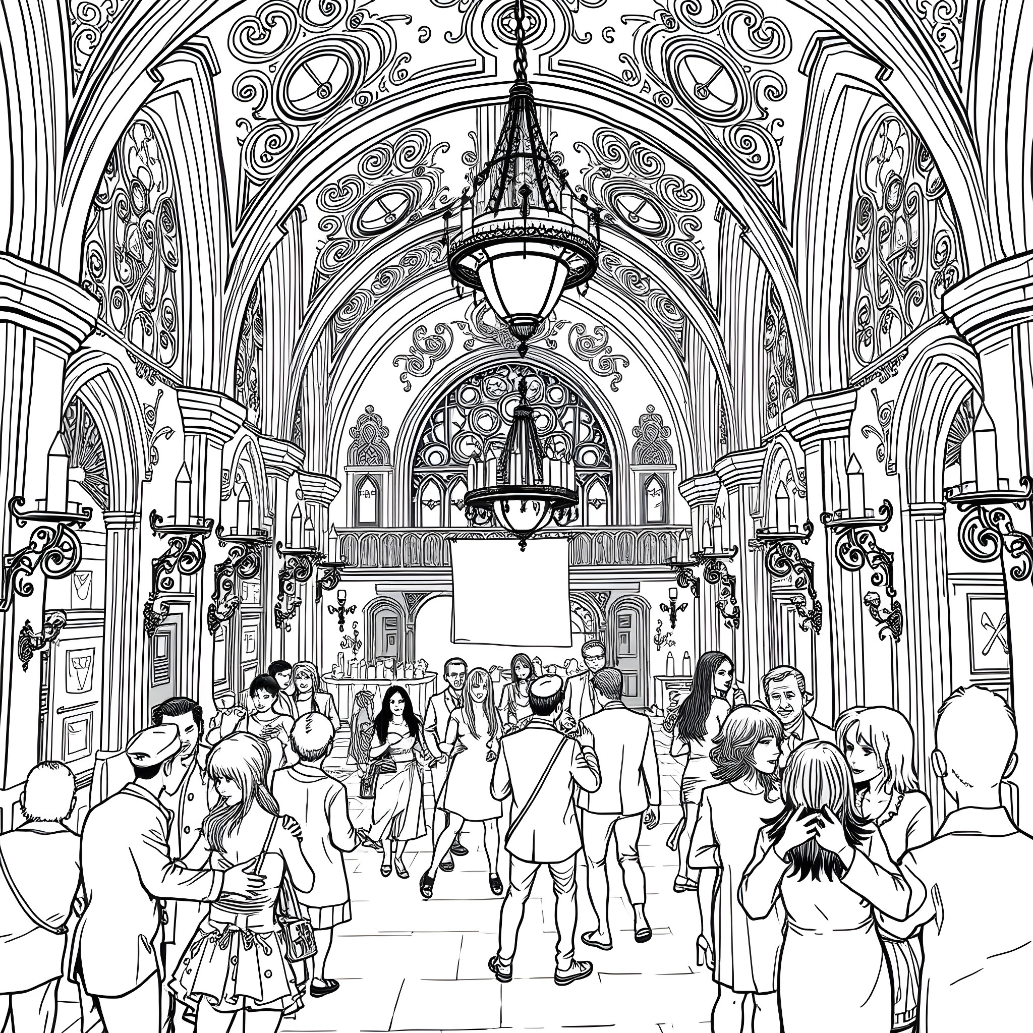 Nightclub with lively crowd in ornate, crowded interior Coloring Page (free black-and-white line drawing printable PDF for all, from beginners to advanced learners, including children, teens, adults, and seniors)