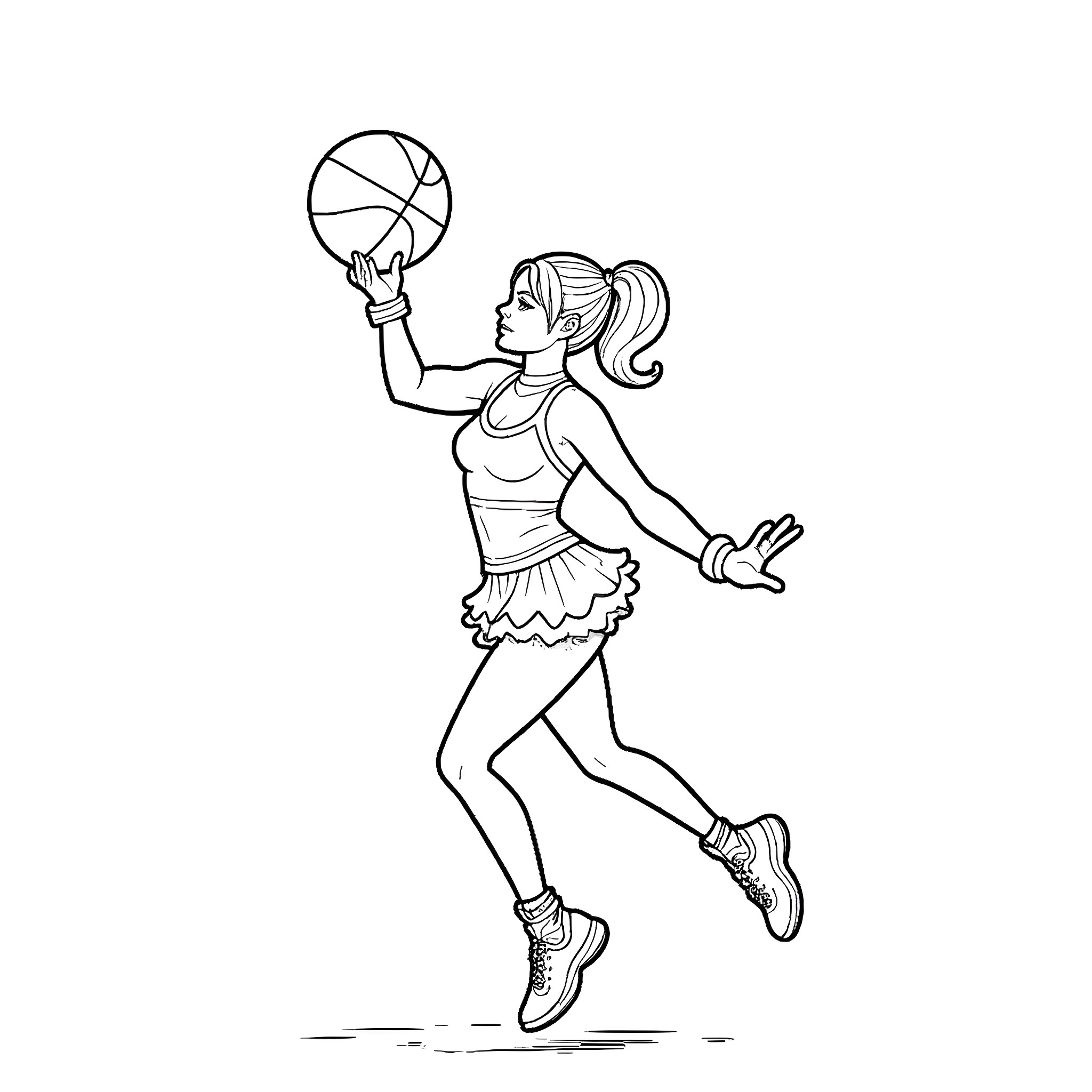 Harley Quinn jumping and playing with a toy spinner Coloring Page (free black-and-white line drawing printable PDF for all, from beginners to advanced learners, including children, teens, adults, and seniors)