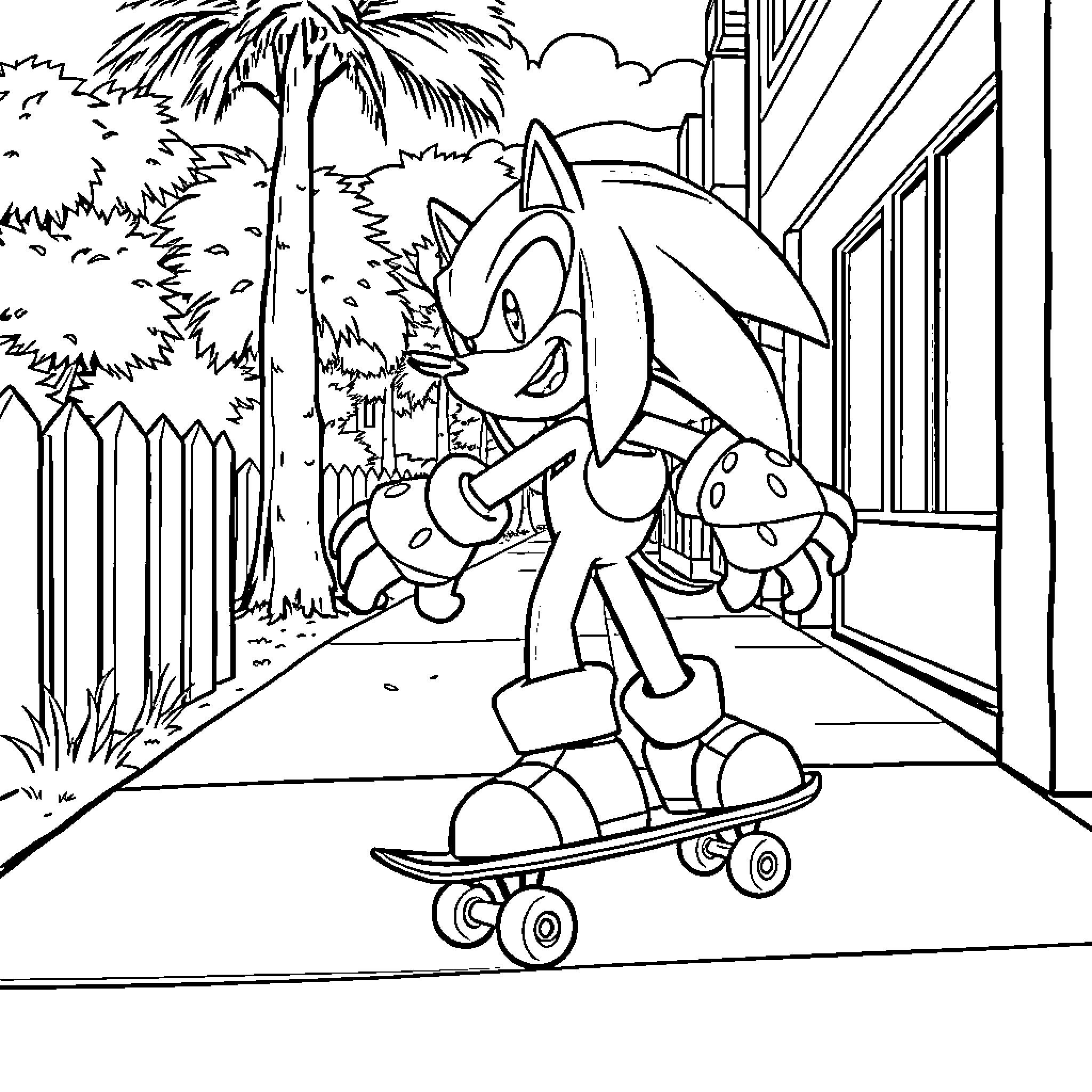 Knuckles skateboarding through a tropical setting Coloring Page (free black-and-white line drawing printable PDF for all, from beginners to advanced learners, including children, teens, adults, and seniors)