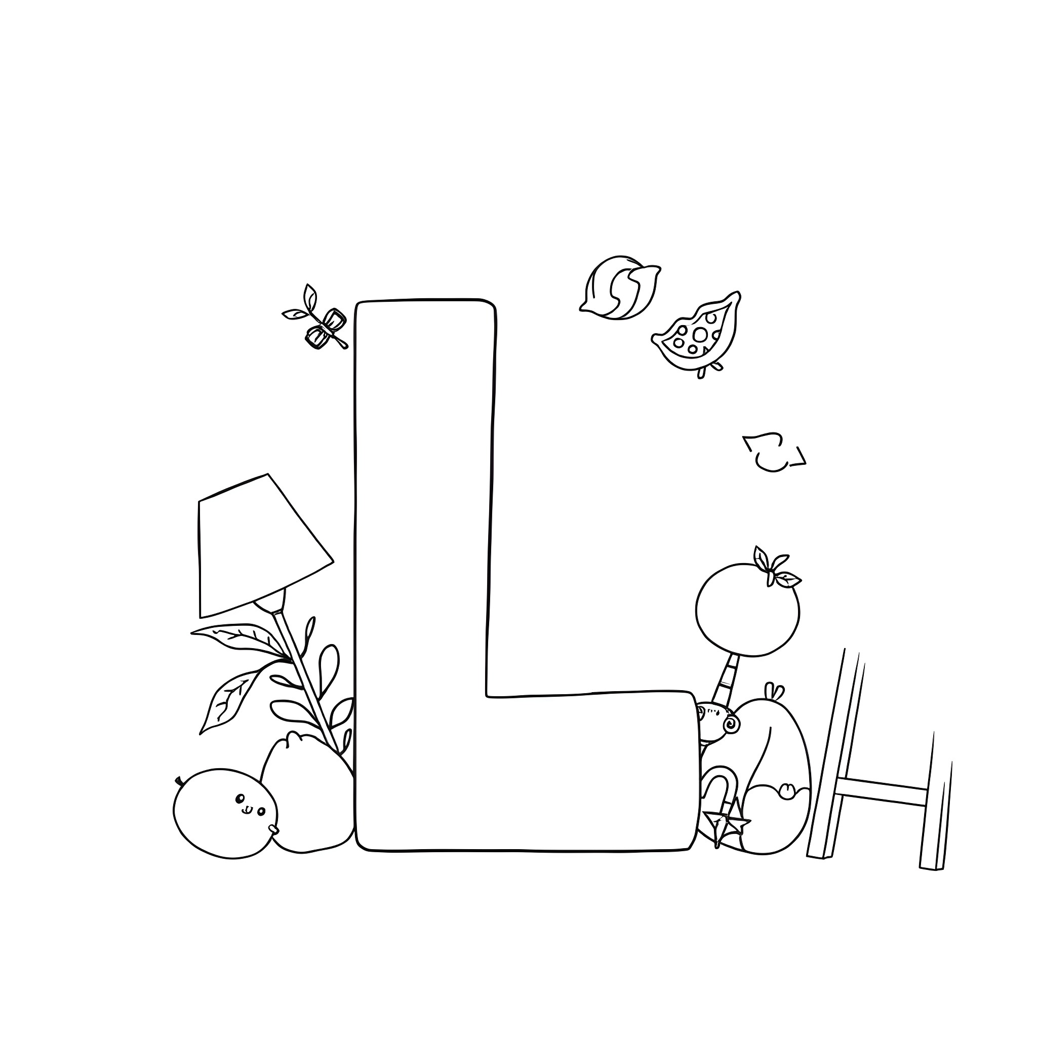 Letter L with various nature elements Coloring Page (free black-and-white line drawing printable PDF for all, from beginners to advanced learners, including children, teens, adults, and seniors)