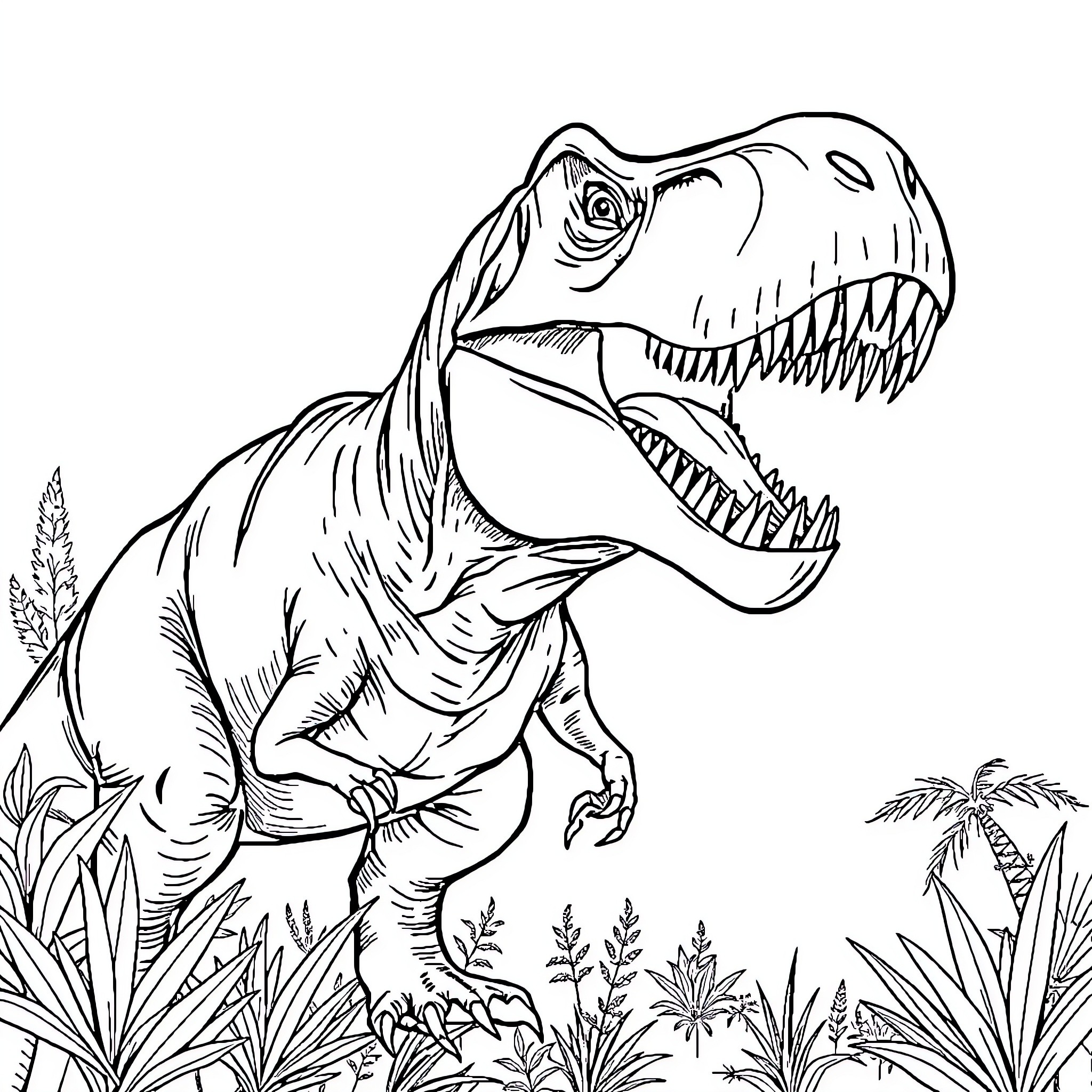 T-Rex Roaring Fiercely in Lush Prehistoric Foliage Coloring Page (free black-and-white line drawing printable PDF for all, from beginners to advanced learners, including children, teens, adults, and seniors)
