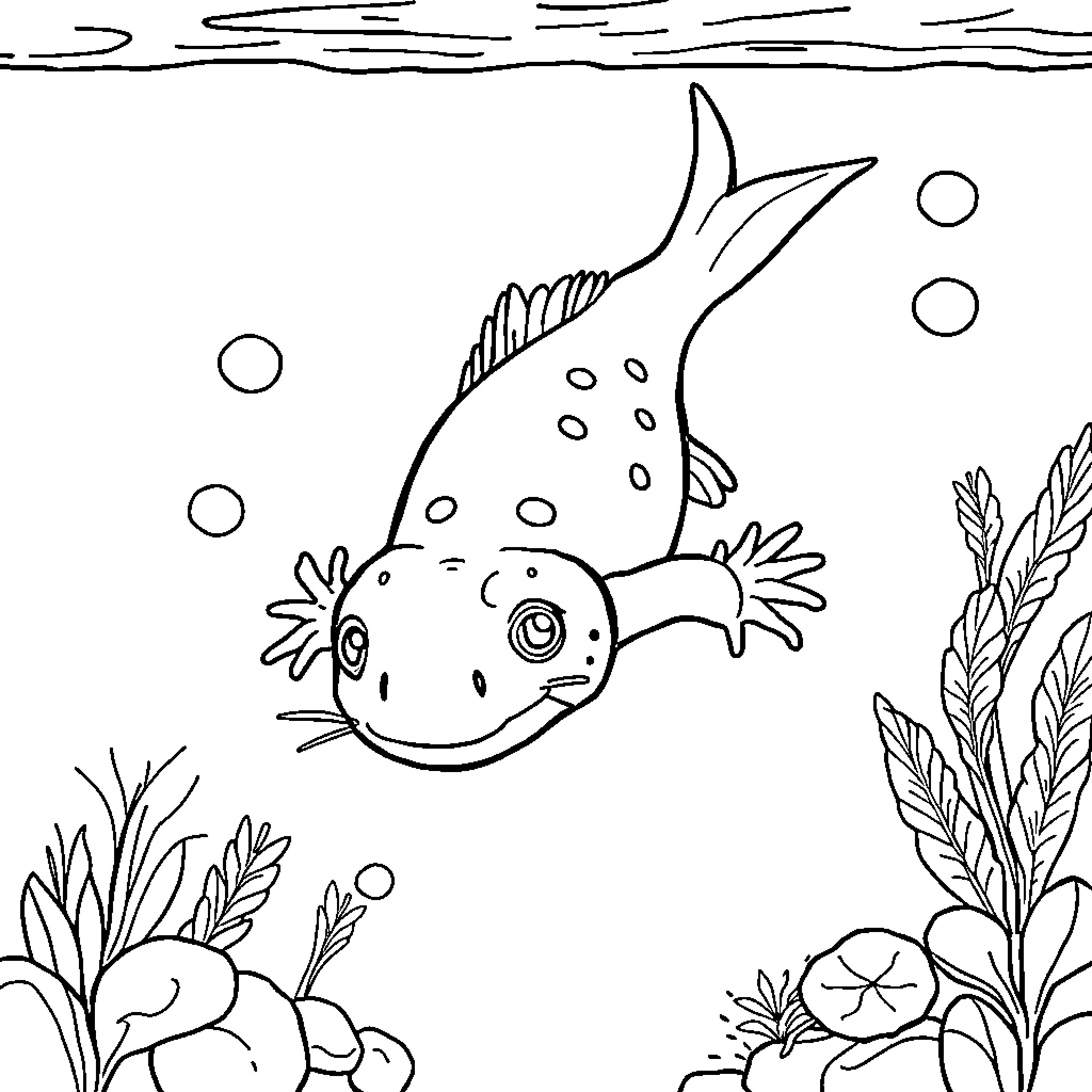 Axolotl swimming playfully in the underwater scene Coloring Page (free black-and-white line drawing printable PDF for all, from beginners to advanced learners, including children, teens, adults, and seniors)
