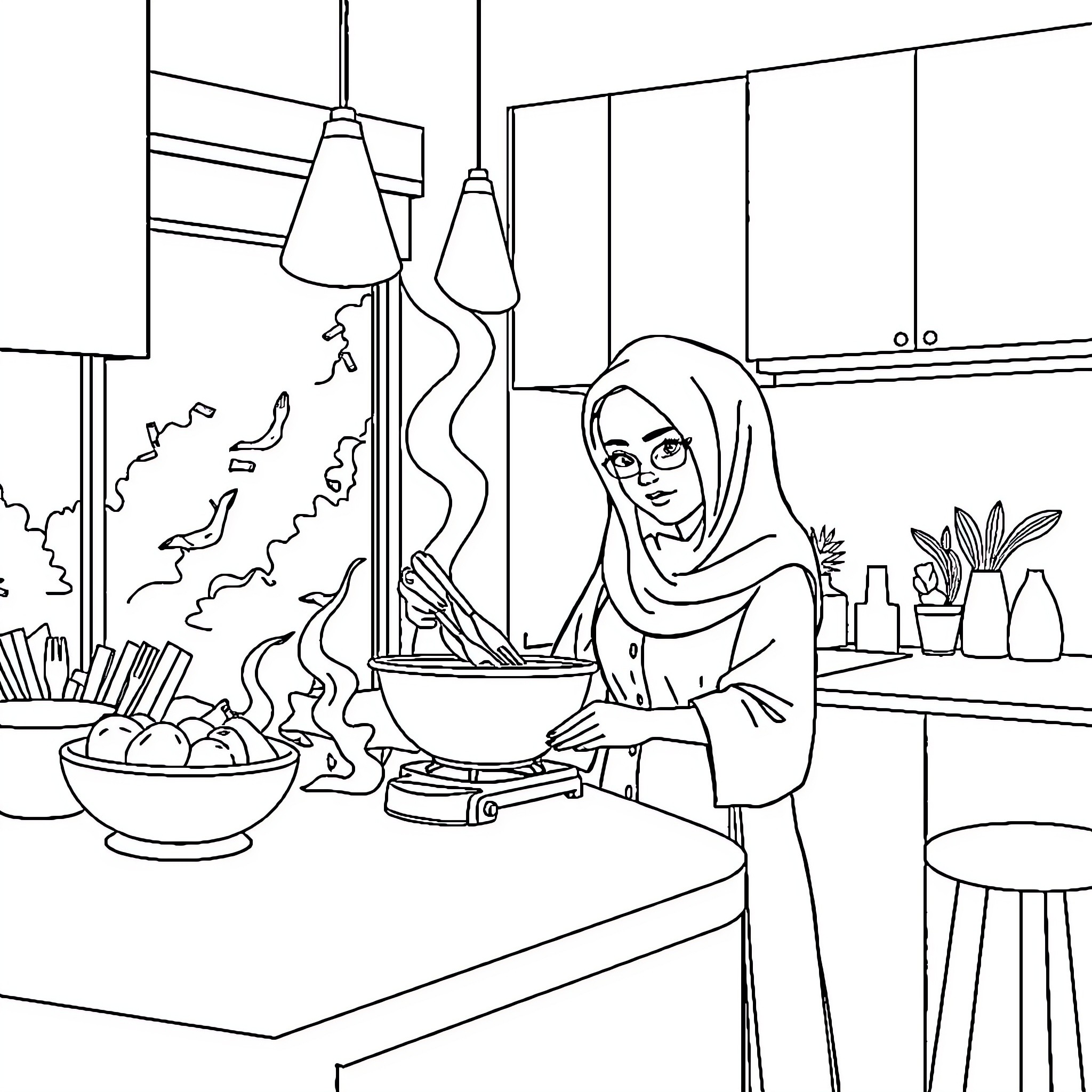 Pemuda Cooking Delicious Meal in Kitchen Coloring Page (free black-and-white line drawing printable PDF for all, from beginners to advanced learners, including children, teens, adults, and seniors)